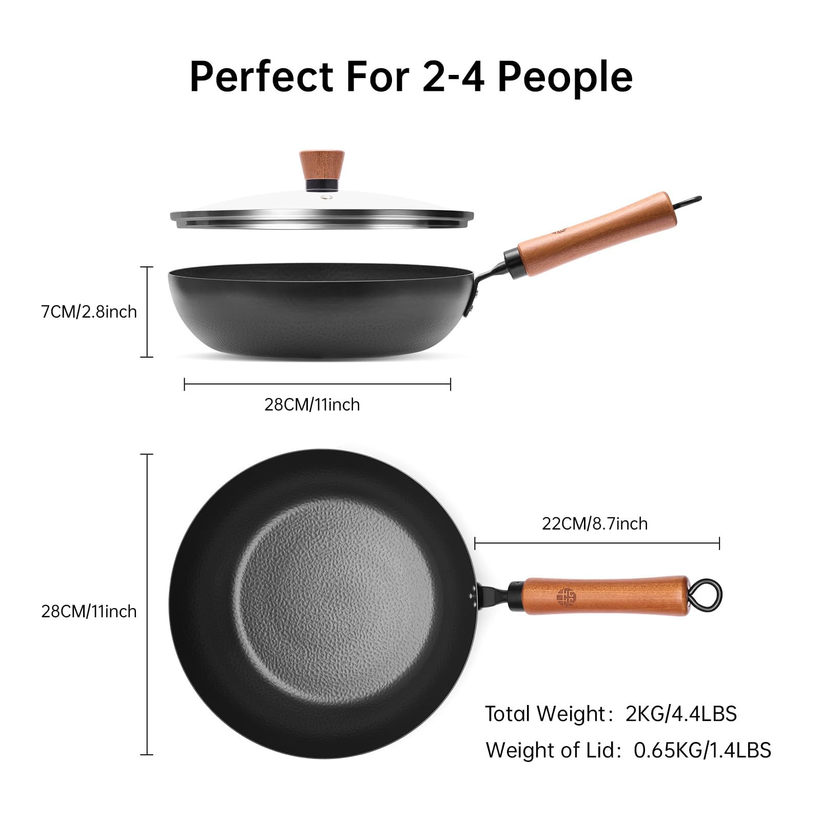 WANGYUANJI 11-Inch Carbon Steel Frying Pan with Beech Wooden Handle & Glass Lid - Physical Non-Stick, Non-Coating Skillet for Induction, Sautéing, Frying, Stir-Frying