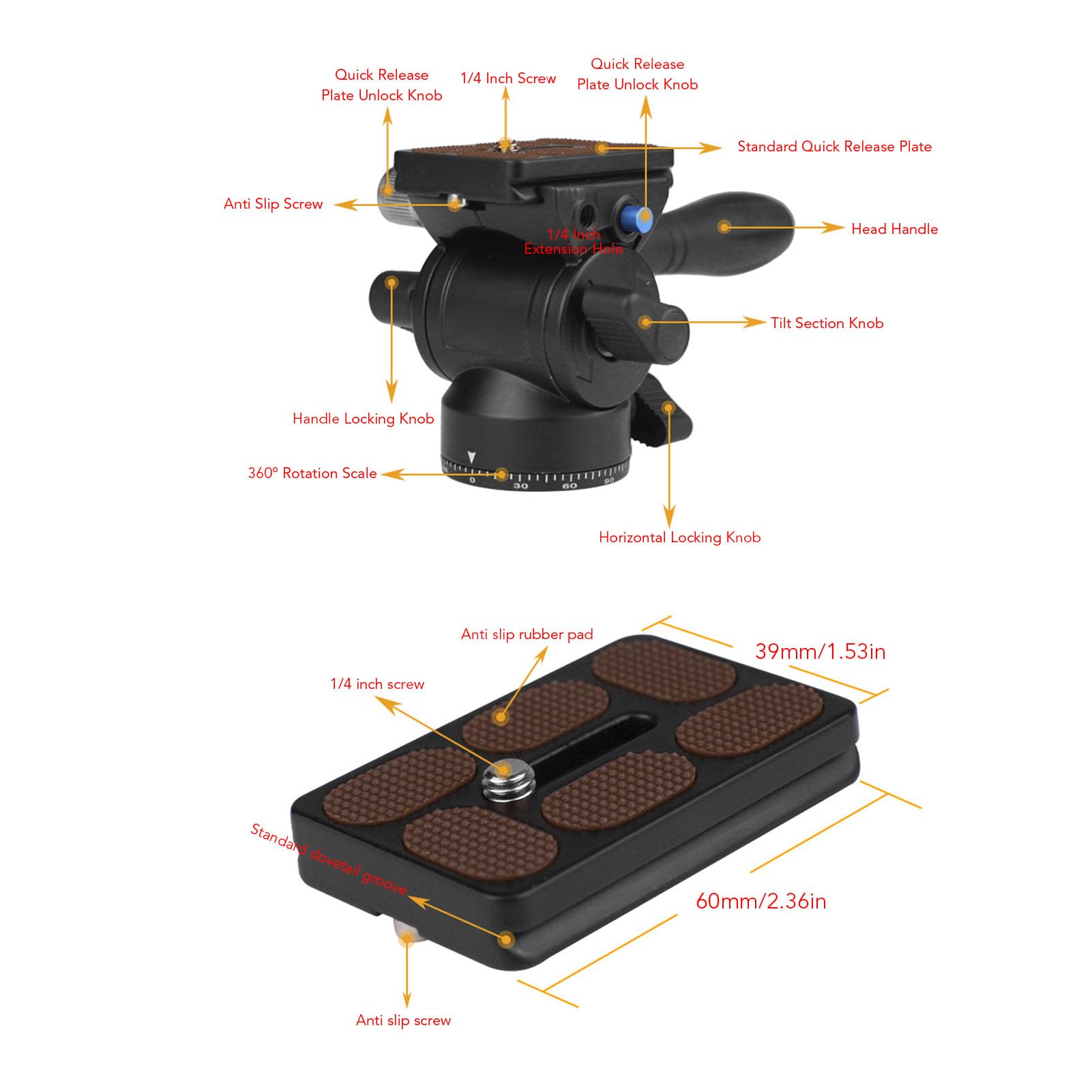 Kadimendium Testa per Treppiede Video Esperienza di Gestione Ergonomica per Fotocamera, Telefono, Action Cam, Lega di Alluminio