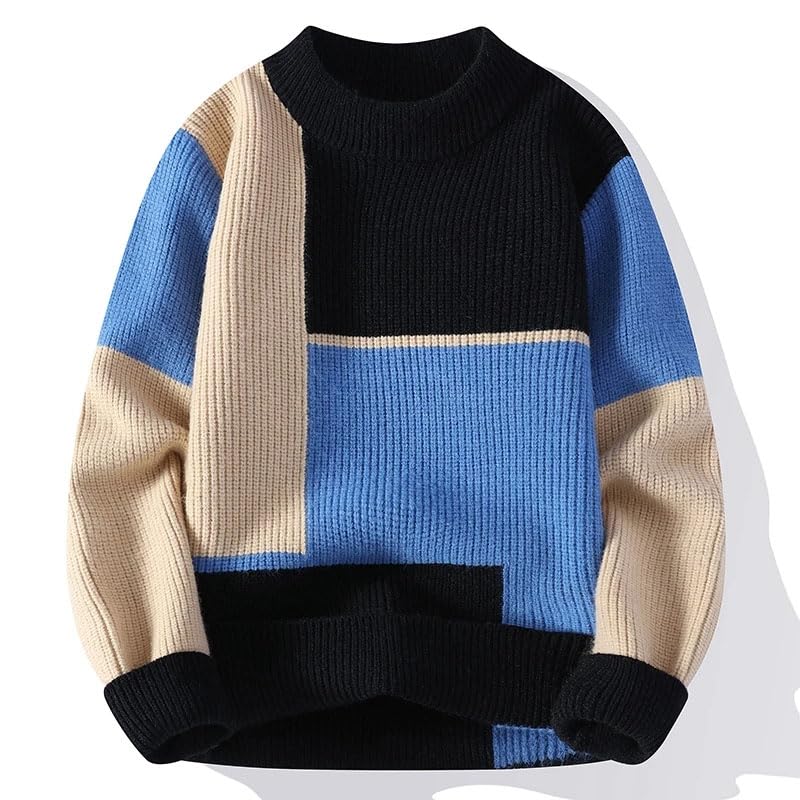 Men's Crew Neck Knit Sweater Patchwork Pullover Loose Fit Casual Winter Autumn Streetwear4