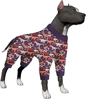 LovinPet Girl Dog Pajamas 70 Pound - Large Dog Pjs, Lightweight Stretchy Fabric, Purple and Orange Camo Dinosaur Print, Pet Anxiety Relief Shirt, Easy Wearing Dog Pjs, Dog Onesie for Party,Purple XXL