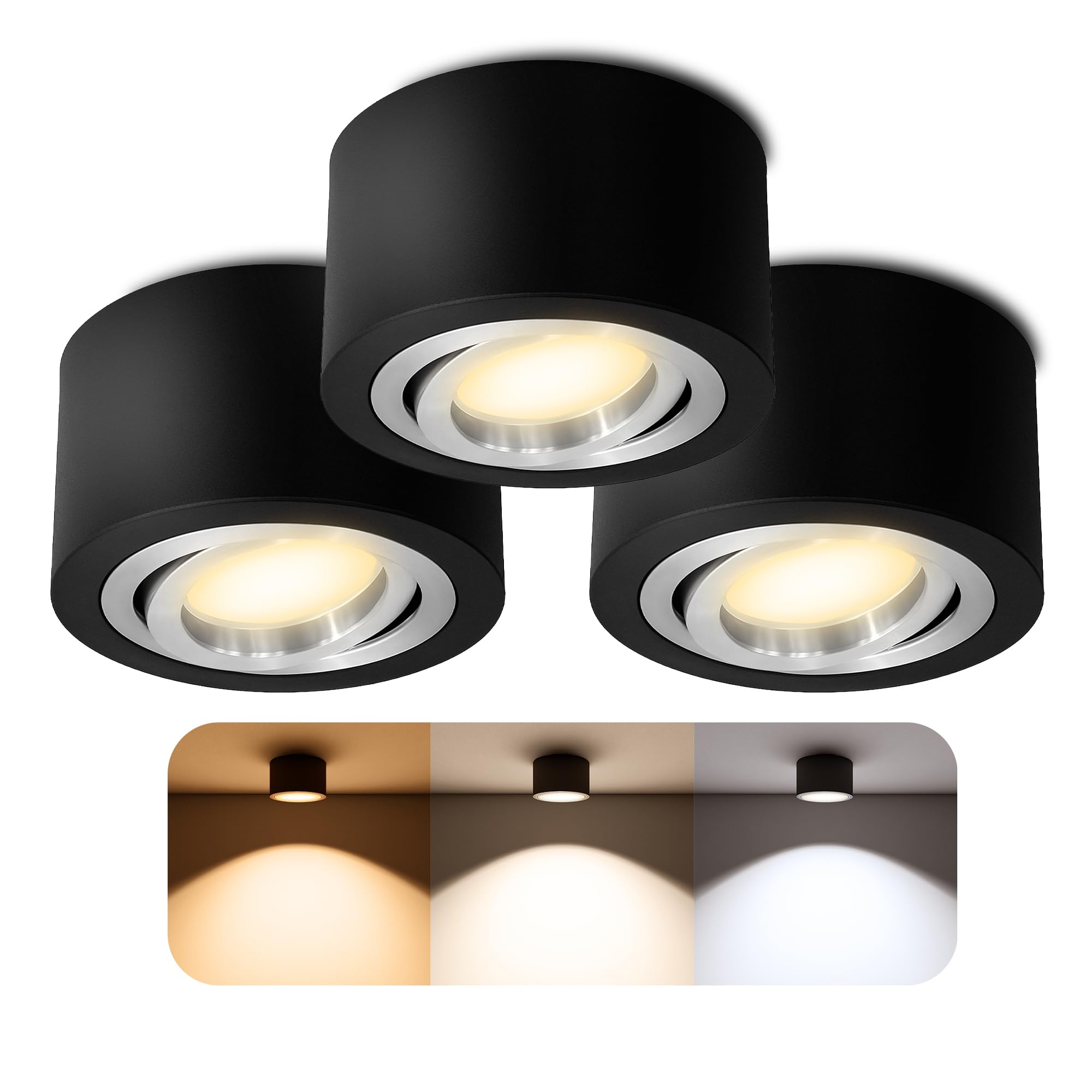 SSC-LUXon Juego de 3 focos LED redondos, color negro, orientable, extraplano, diámetro de 90 mm, incluye módulo LED de 5 W, blanco cálido, 230 V
