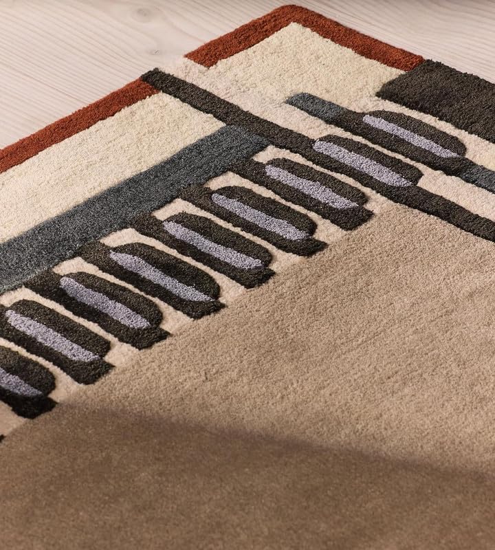 Beige Modern Geometric Area Rug – 110% New Zealand Wool – Handcrafted Contemporary Border Design – Premium Living Room, Bedroom & Office Carpet (Size: 9x12ft)