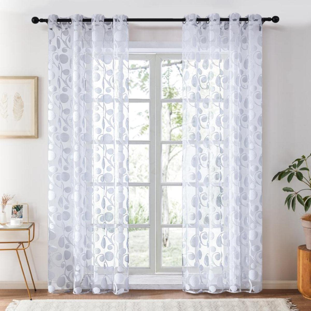Cercle Géométrique Panneau De Rideau Transparent pour Le Salon La Chambre À Coucher Cuisine Moderne Tulle Stores Fenêtre Traitement Drapé-Jaune Clair,W300cmxH250cm,Grommet