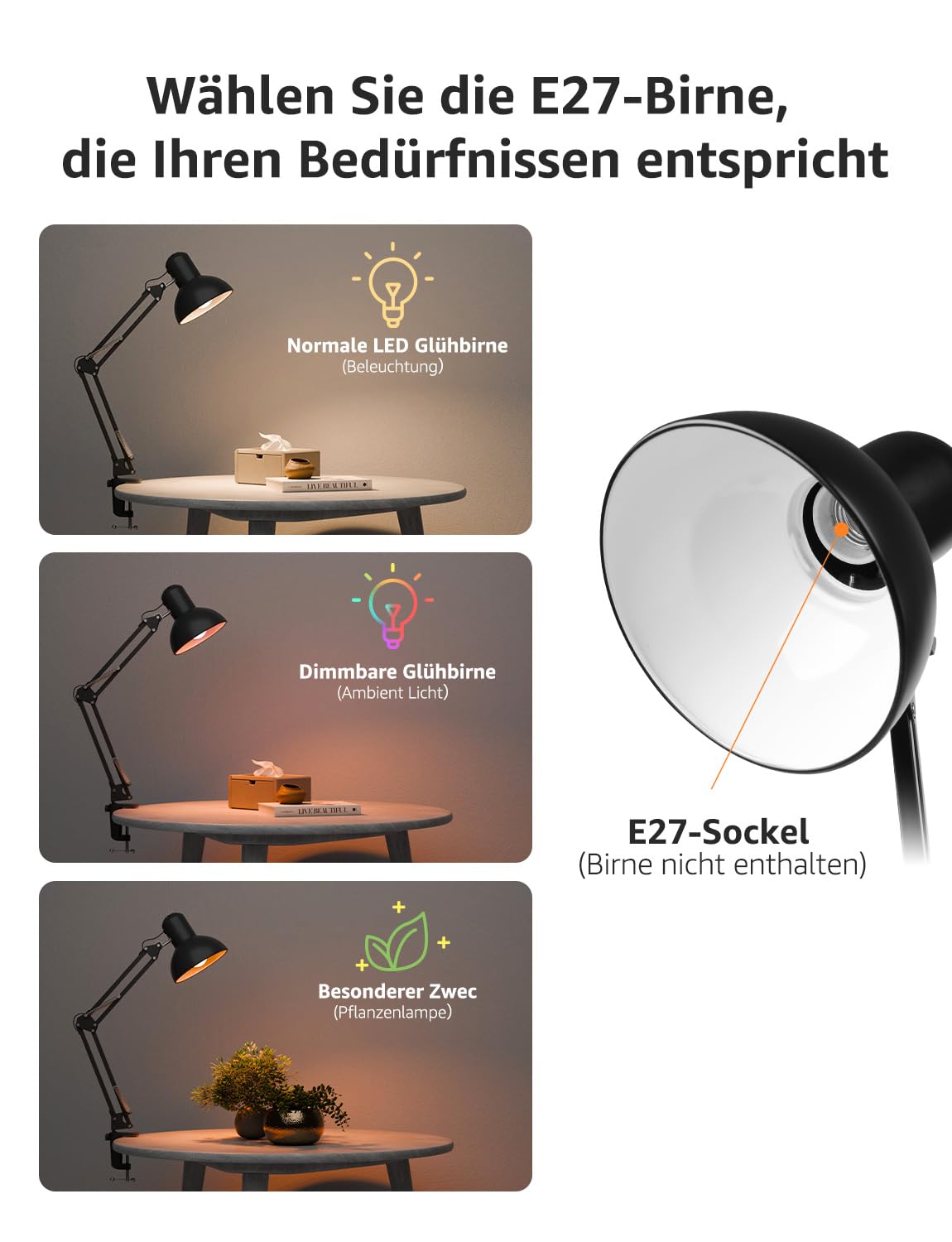 Lepro Schreibtischlampe Retro, Klemmbare Tischlampe E27, LED Büro Leselampe Nachttischlampe Verstellbare, Gelenk-Arm, schwenkbar, Tageslichtlampe Schreibtisch leuchte, HxBxT: 38 x 15 x 27cm, Schwarz