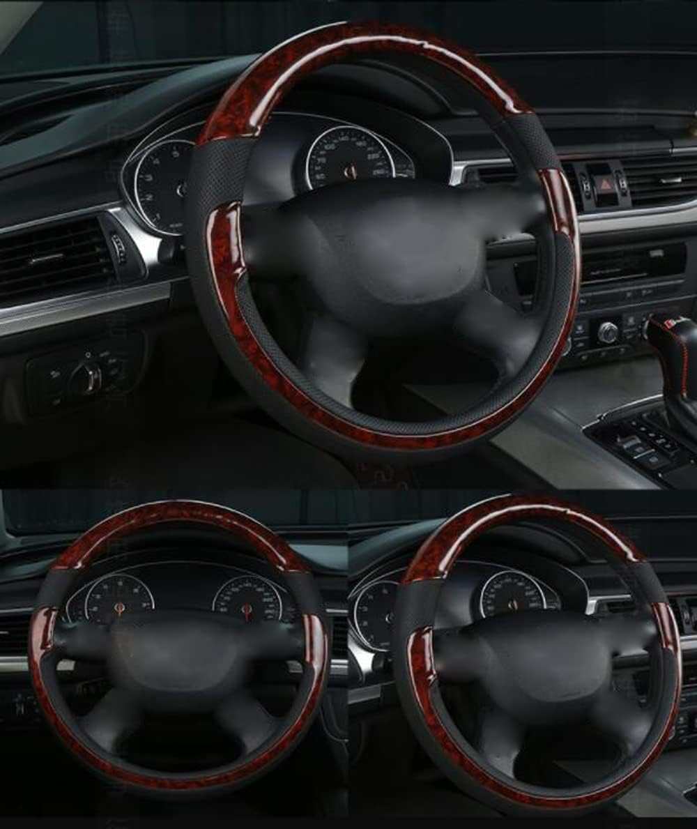 D-CC Peach Wood Grain Steering Wheel Cover Four Seasons Universal Non-Slip Breathable 15 Inch Padded Soft Grip for Car SUV Truck (Wine Red)