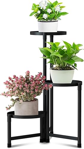 Soporte de metal para plantas para interiores y exteriores, estante de metal negro de 3 niveles, estante de exhibición de esquina de 29 pulgadas de