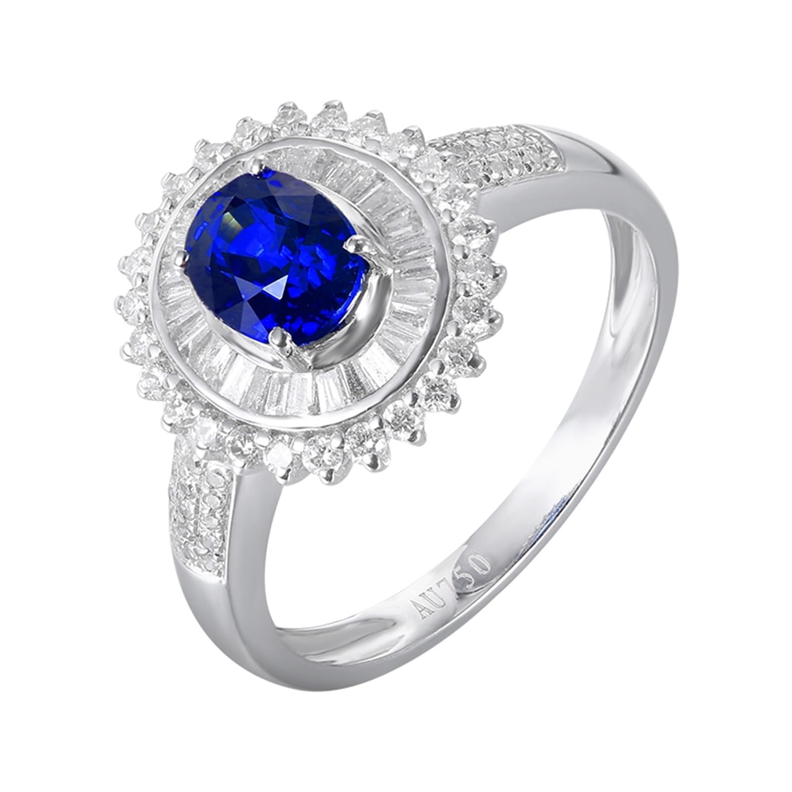 Fedi nuziali in oro bianco 18 carati blu zaffiro ovale, anello da donna con zaffiro da 1,26 carati e diamanti anelli da donna misura 17 (18,1), 57 (18.1), metallo prezioso, Zaffiro