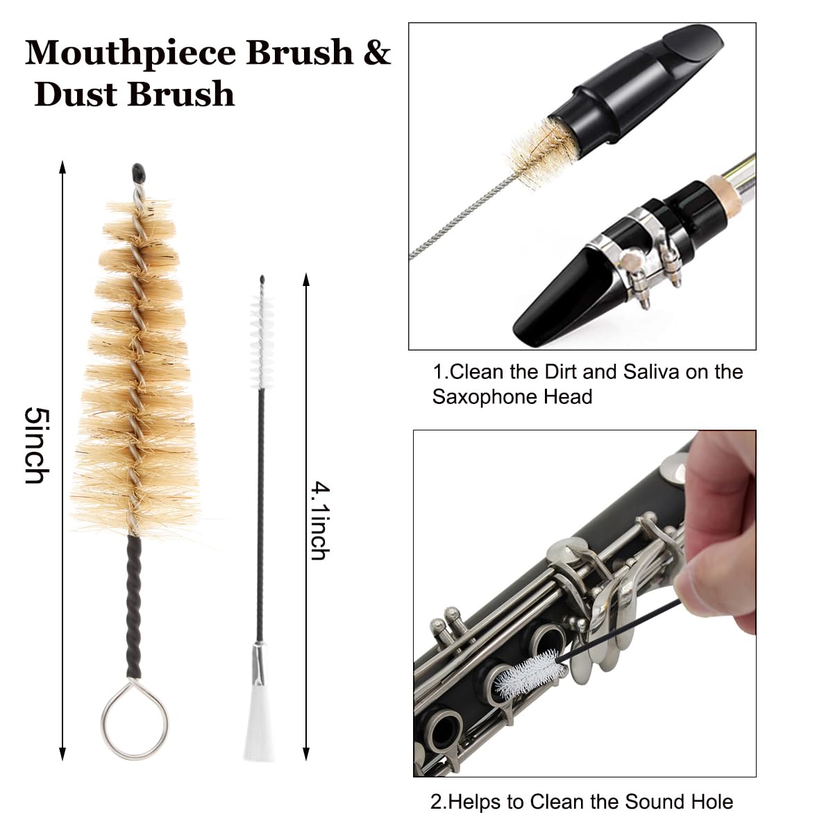 Kit de paño de limpieza para saxofón, kit de hisopo de limpieza 4 en 1, incluye hisopo de limpieza y cepillo de boquilla para saxofón soprano tenor alto y otros instrumentos de viento y viento de