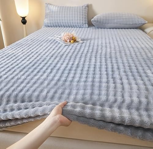 Funda de colchón de felpa de terciopelo gris leche de lujo con protector antideslizante y 2 fundas de almohada, mantas gruesas de franela esponjosa para ropa de cama (47 x 79 pulgadas)