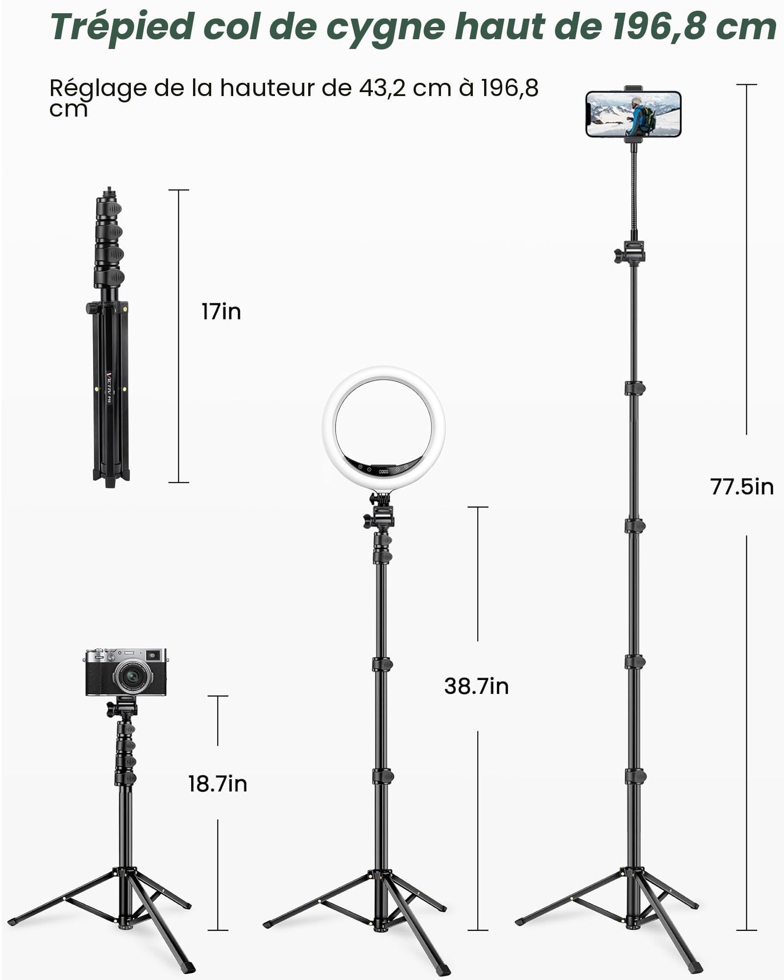 Victiv 197cm Haute Trépied Smartphone, Trépied Téléphone Flexible avec 25cm Col de Cygne Réglable, Selfie Trepied avec Télécommande pour iPhone17 16 15 Pro, Trepied Caméra en Aluminium pour Canon DSLR