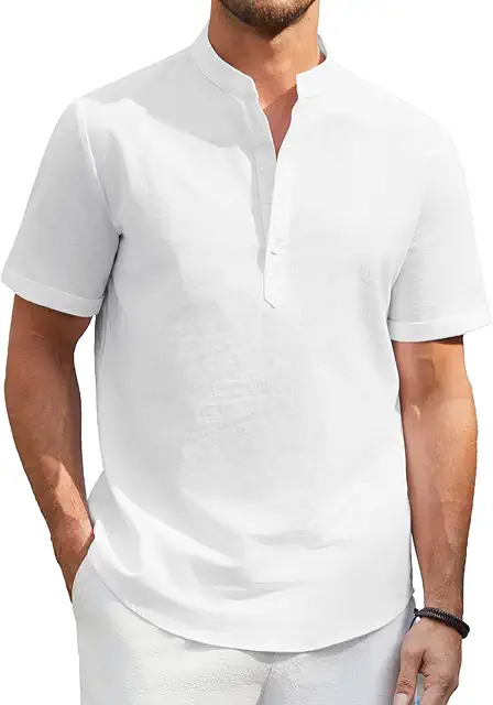 Camisa de Lino Hombre Manga Corta Cuello Mao Elegante Verano Casual