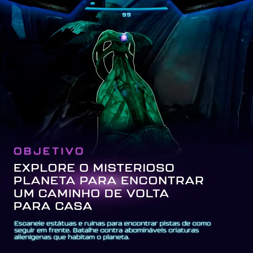 Interface de jogo mostrando Samus escaneando estátuas alienígenas misteriosas
