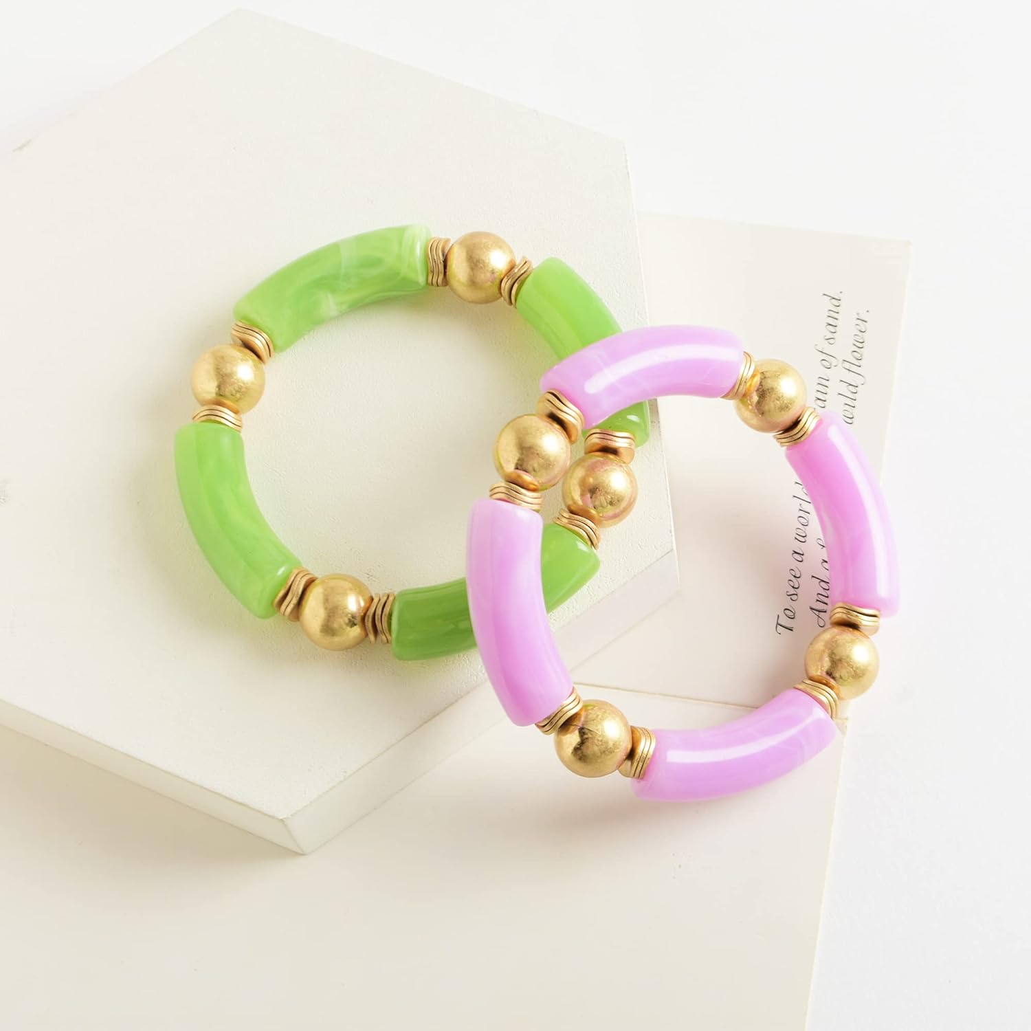 LALAPPLE Gold Plated Beaded Acrylic Bamboo Tube Bangle Bracelets for Women, Colorful Chunky Curved Tube With Gold Plated Pieces Beads Stretch Bracelet Friendship Summer Beach Jewelry - Image 3