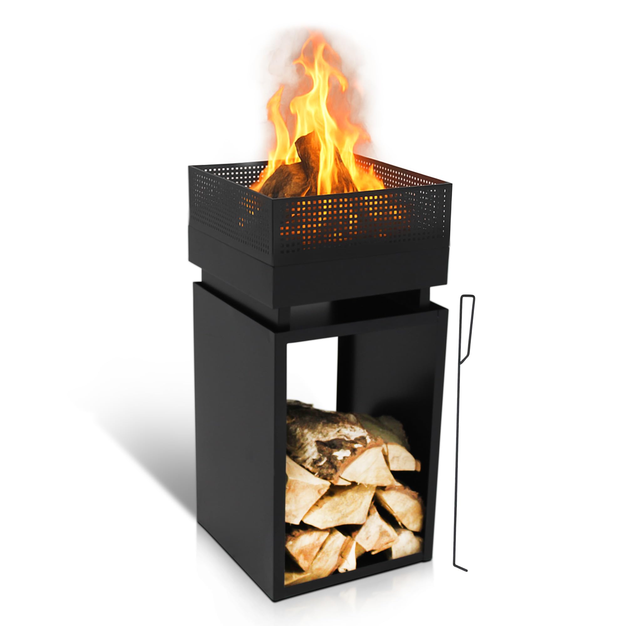 Feuerkorb mit Funkenschutz, Feuertonne, Holzofen,feuerschalen, Deko Terrasse, Außenofen, Gartenkamin, Aufbewahrung, Firepit, Stahl, 39 x 39 x 85 cm