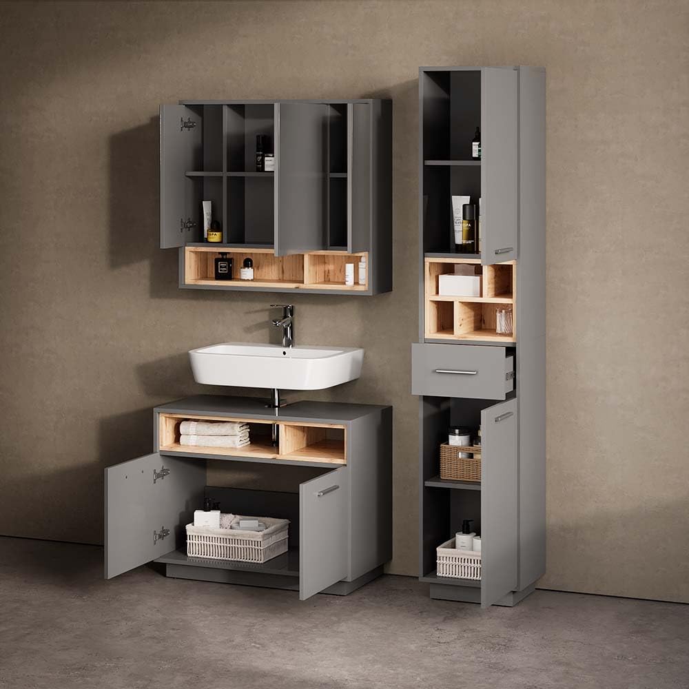 Livinity Badmöbel-Set Temo, Anthrazit, 3 Teile, mit Hochschrank
