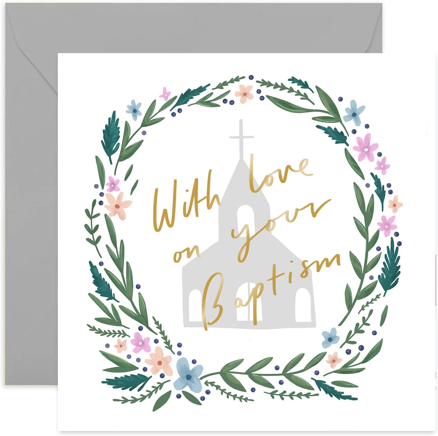 Old English Co. With Love Baptism Card - Gold Foil Square Religious Card | First Communion, Baptism, Christian, Confirmation | Blank Inside & Envelope