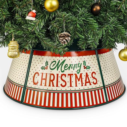 Putuo Decor 27in Metal Christmas Tree Collar Light Yellow, Adjustable Shiny Christmas Themed Tree Stand Cover for 6-7.5 Ft Tree, Farmhouse Christmas Ornaments for Pencil | Artificial | Live Trees