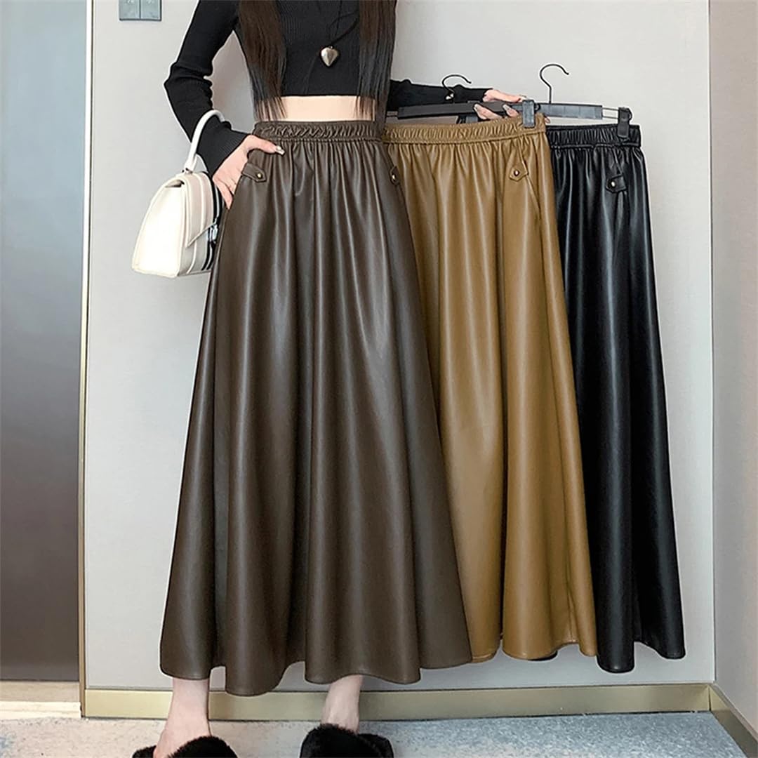 Wjnvfioo Faldas largas de cuero sintético de una línea de moda para mujer, otoño, invierno, cintura alta, elástica, acampanada, plisada, casual, faldas