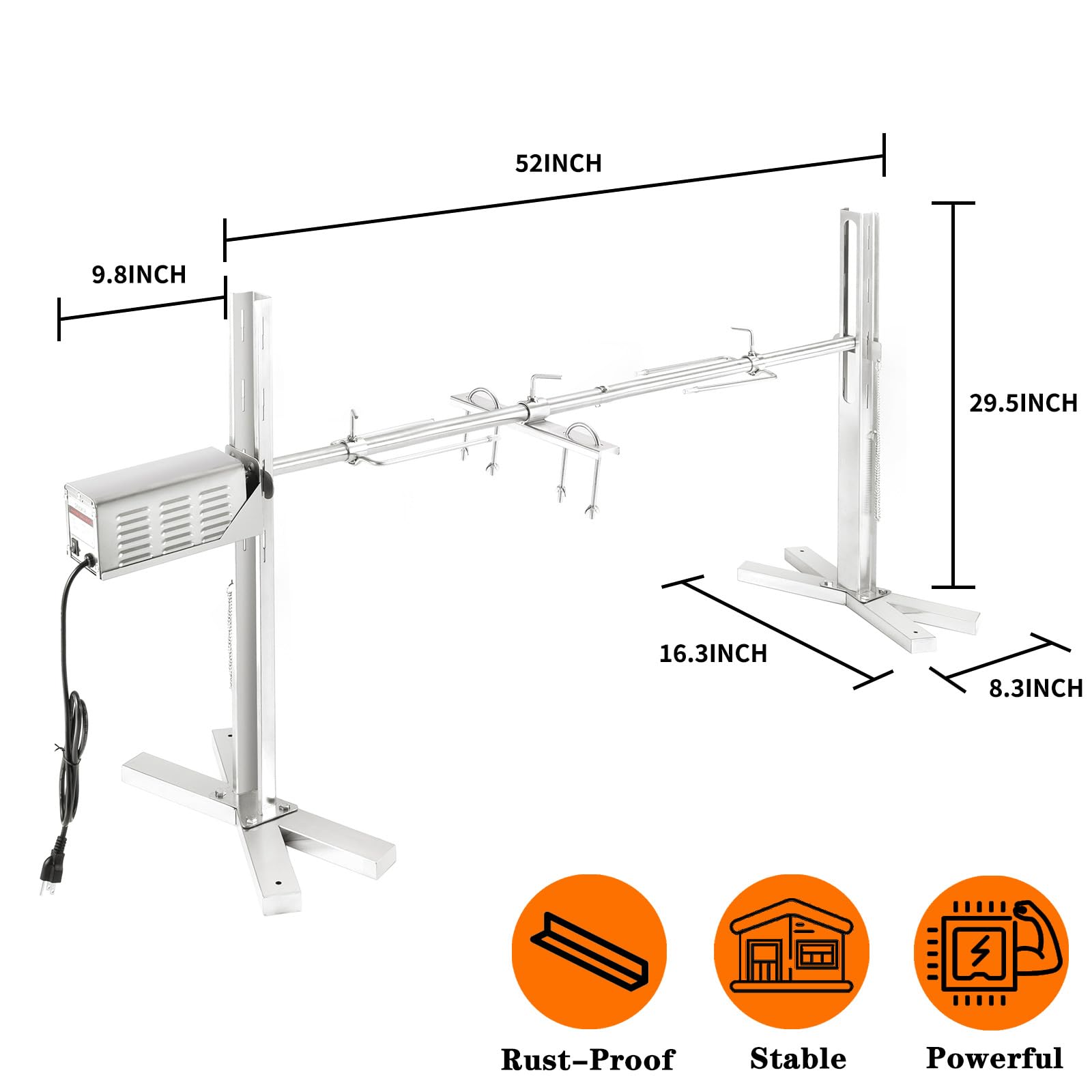 QPMR Zestaw do grilla rożnego – elektryczny statyw ze stali nierdzewnej 132 cm, rożen 68 kg, rożen świni, z regulacją wysokości, dla świni, jagnięciny, ogniska