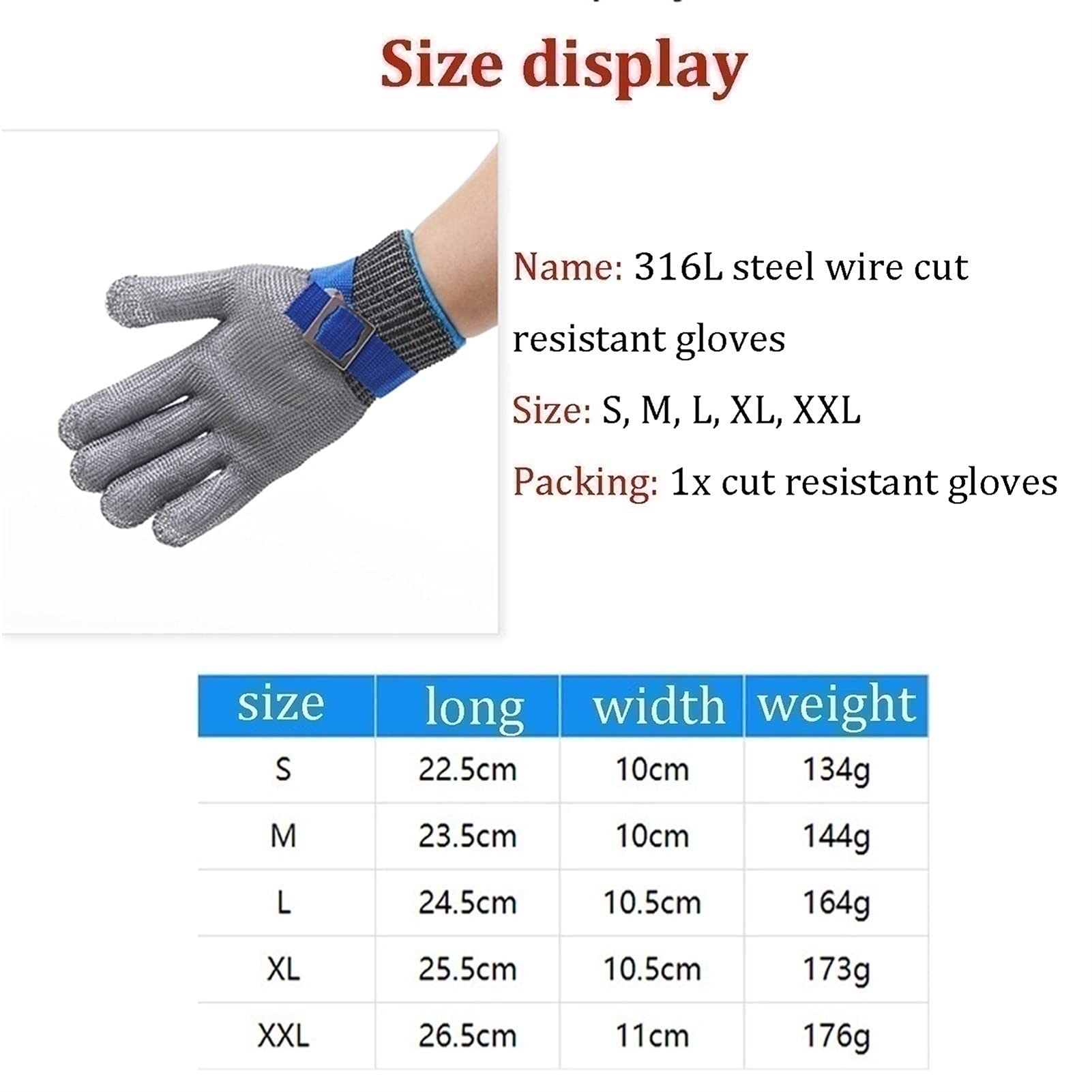WXYZ Guantes de Metal Resistente a los Cortados con 9 Niveles de protección, Guantes de Trabajo de Seguridad Antideslizantes Resistentes al Desgaste de la Malla, utilizados para el