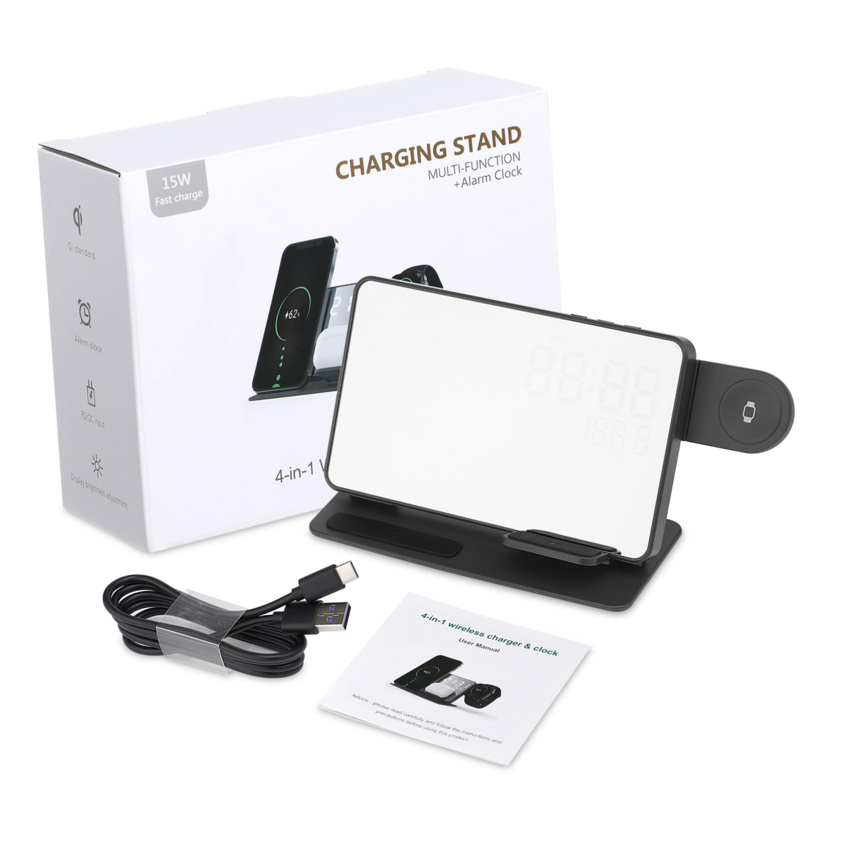 Station de Charge sans Fil Multifonctionnelle pour Téléphone et Montre Connectée, Réveil Numérique avec Affichage Température, Compatible Smartphones, Design Compact pour Bureau