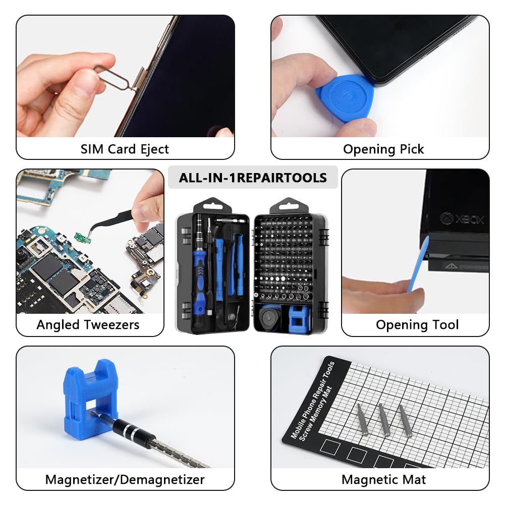 OSDUE Set di 124 Cacciaviti Precisione, Kit Professionali con Torx Phillips Taglio Triangolari Esagonali Set di chiavi a cricchetto magnetiche per Switch PS4 Xbox PC Laptop Occhiali Orologio Blu