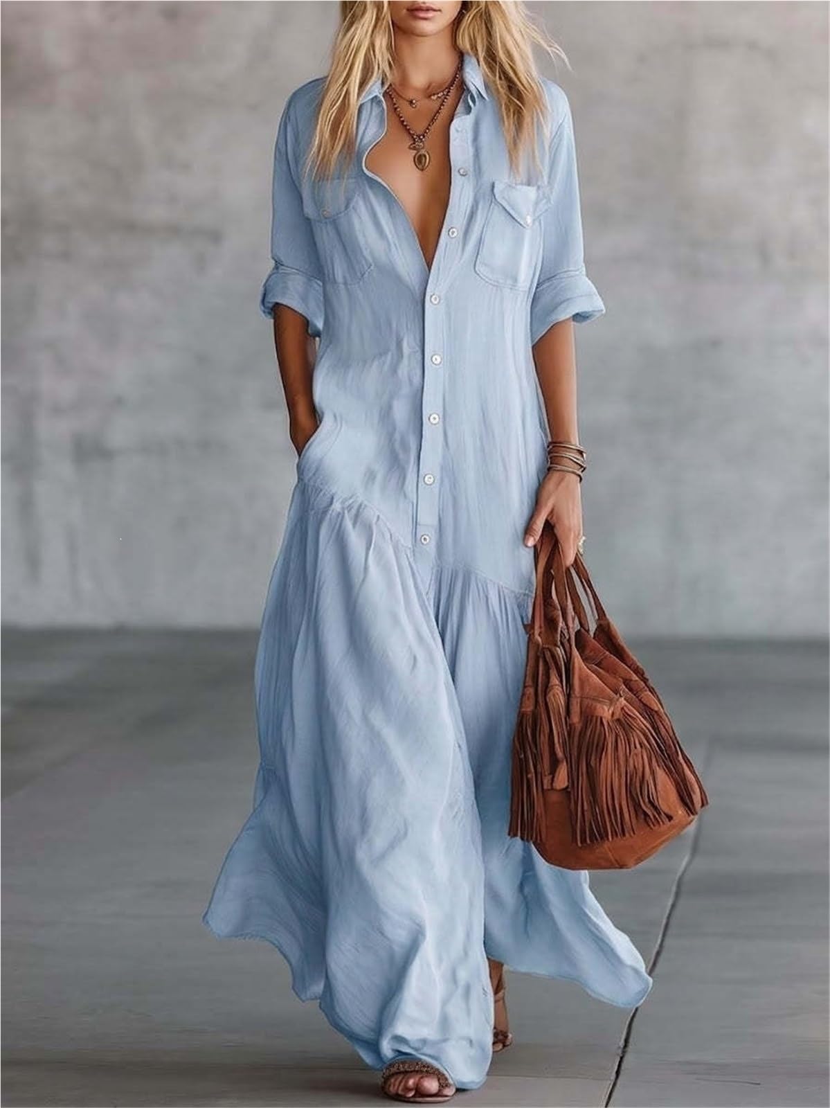Vestido casual para mujer, manga larga, holgado, talla grande, cuello de solapa, vestido camisero