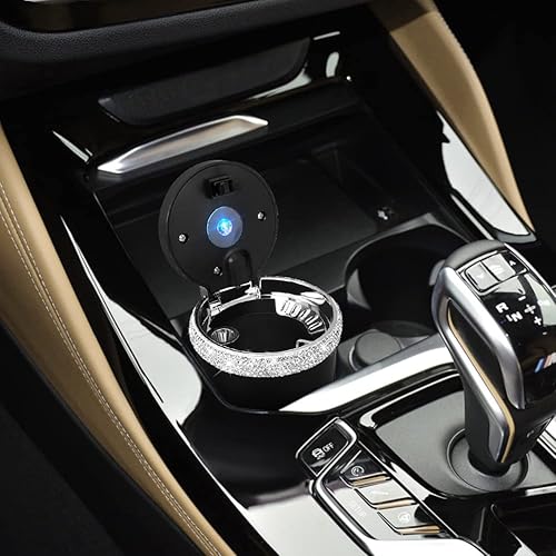 Miniatura 5 de SAVORI Cenicero de automóvil para mujeres y hombres, portavasos, portátil, sin humo, con indicador de luz LED azul, accesorios para automóvil Blanco