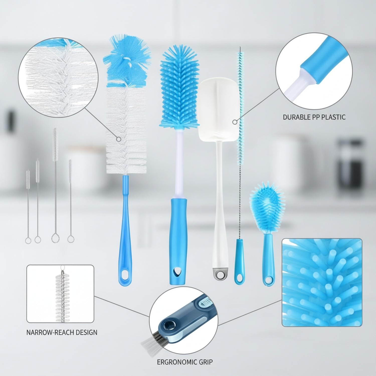 Küchenbürsten Set, 9-teilig aus PP-Kunststoff für Flaschen, Gläser und Spüle (Set of 9)