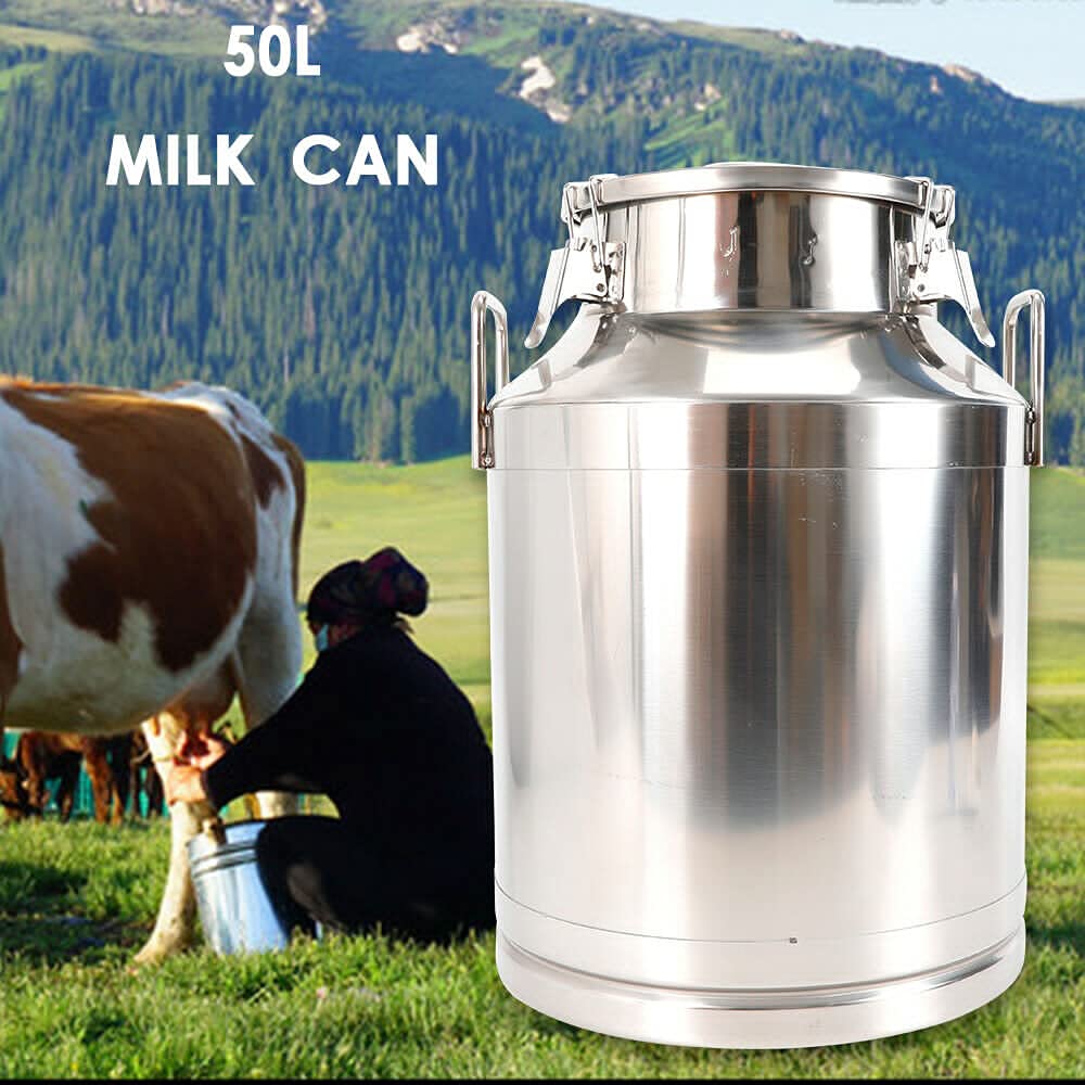 MhdunueSK 50L/13.2Gallon Stainless Steel Milk Can, Wine Pail Bucket with Sealed Lid, Oil Liquid Grain Storage Barrel, Heavy Duty Milk Jug, Silicone Sealed
