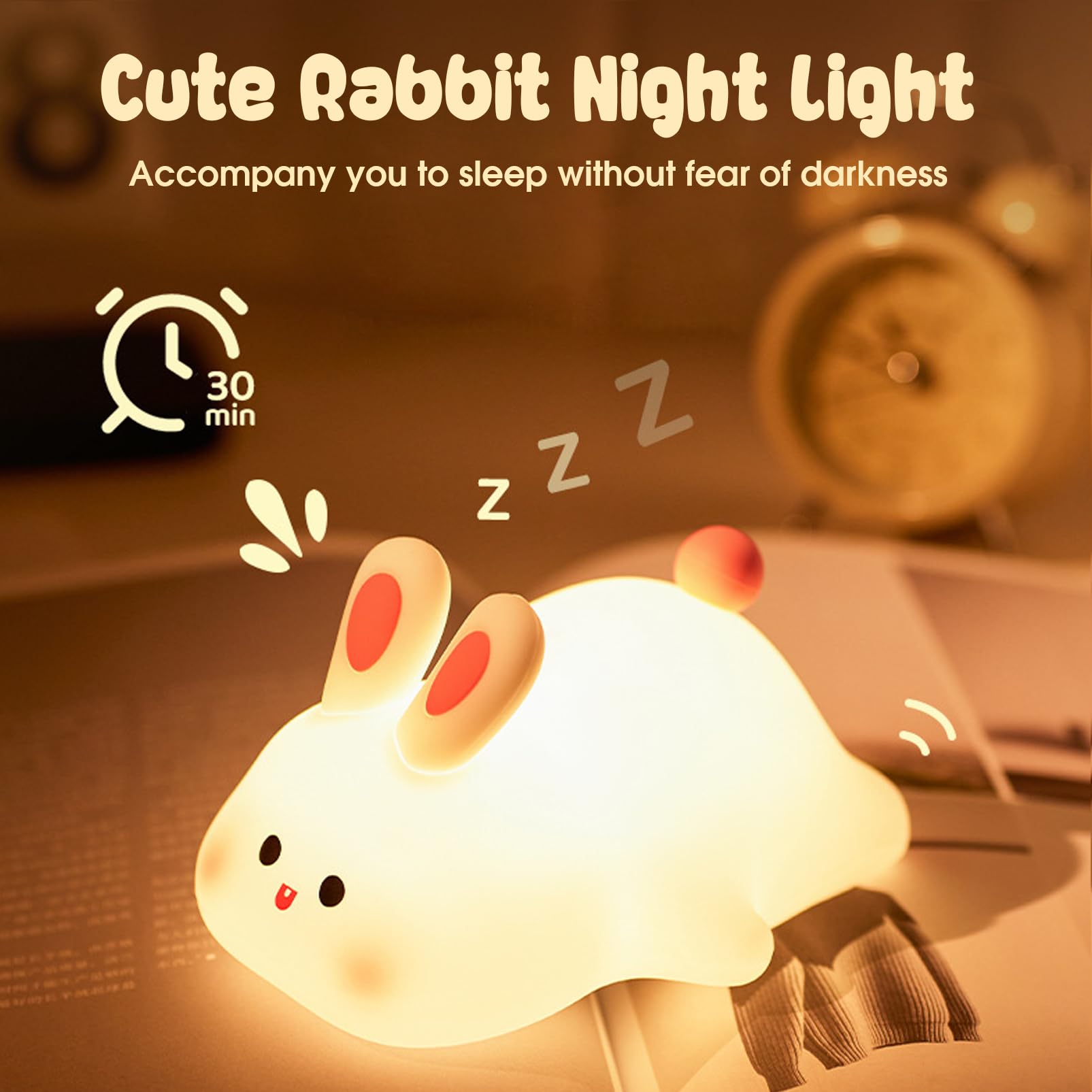 Auezona Luce Notturna Bambini, Lampada Notturna per Bambini Coniglio, Luce Notturna Ricaricabile USB, LED Lampada Coniglio per Bambini Silicone Touch con Timer, Regalo Neonato Compleanno Natale