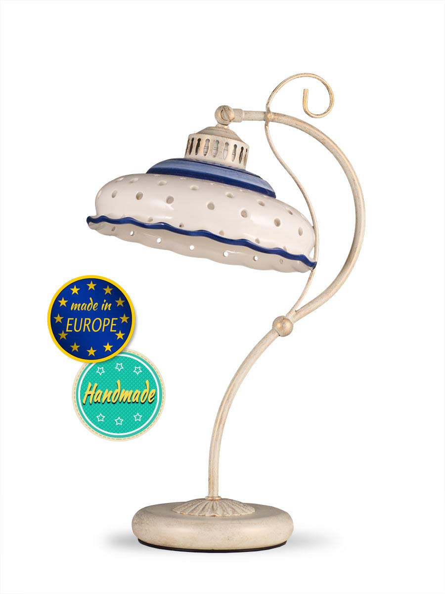 Tischlampe Keramik shabby weiß blau handbemalt Landhausstil Nachtischlampe