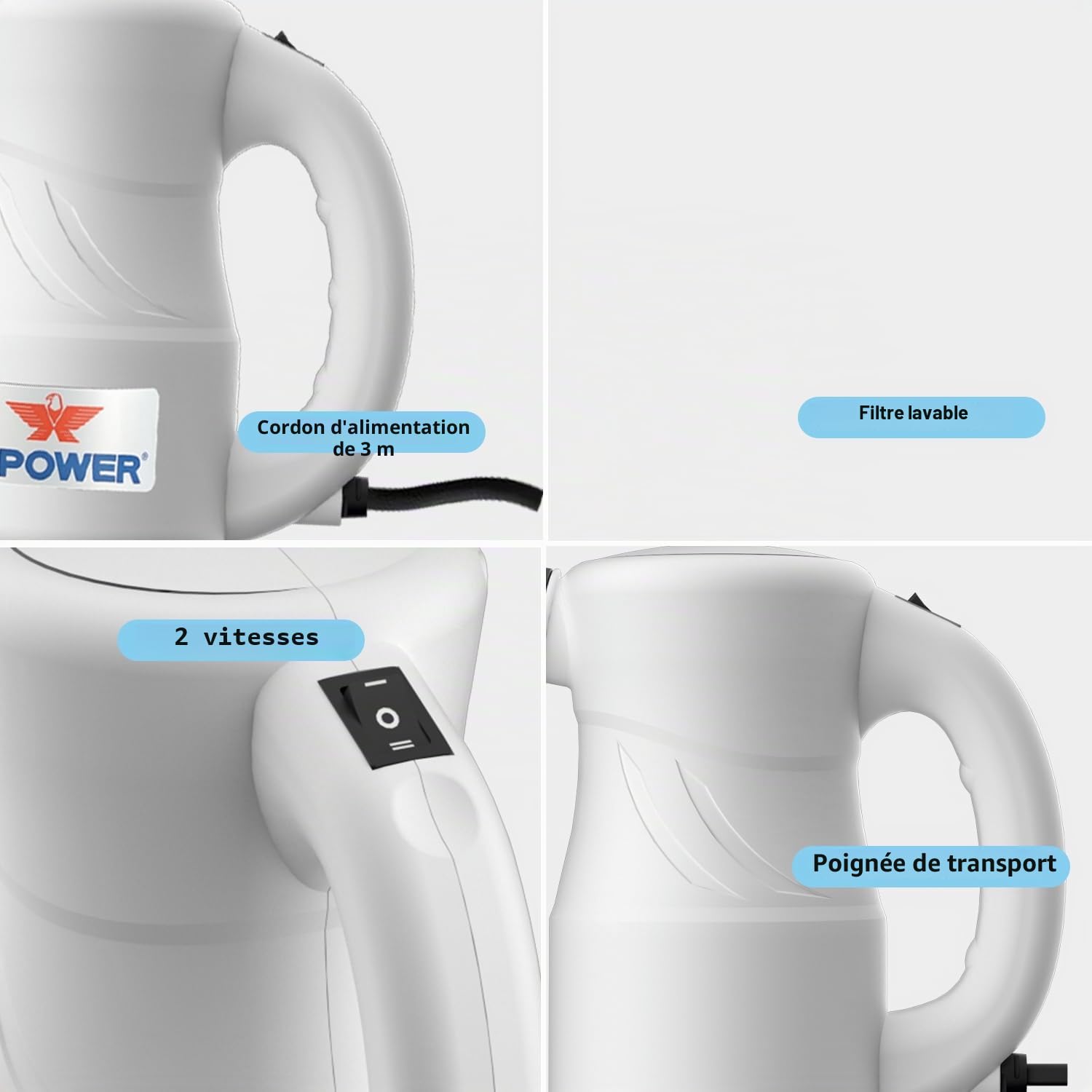 XPOWER Aspirateur à Air Électrique pour la Dépoussiérage, le Séchage, le Gonflage, le Nettoyage de Voiture, le Soufflage de Feuilles d’Automne (Blanc, A-2S)