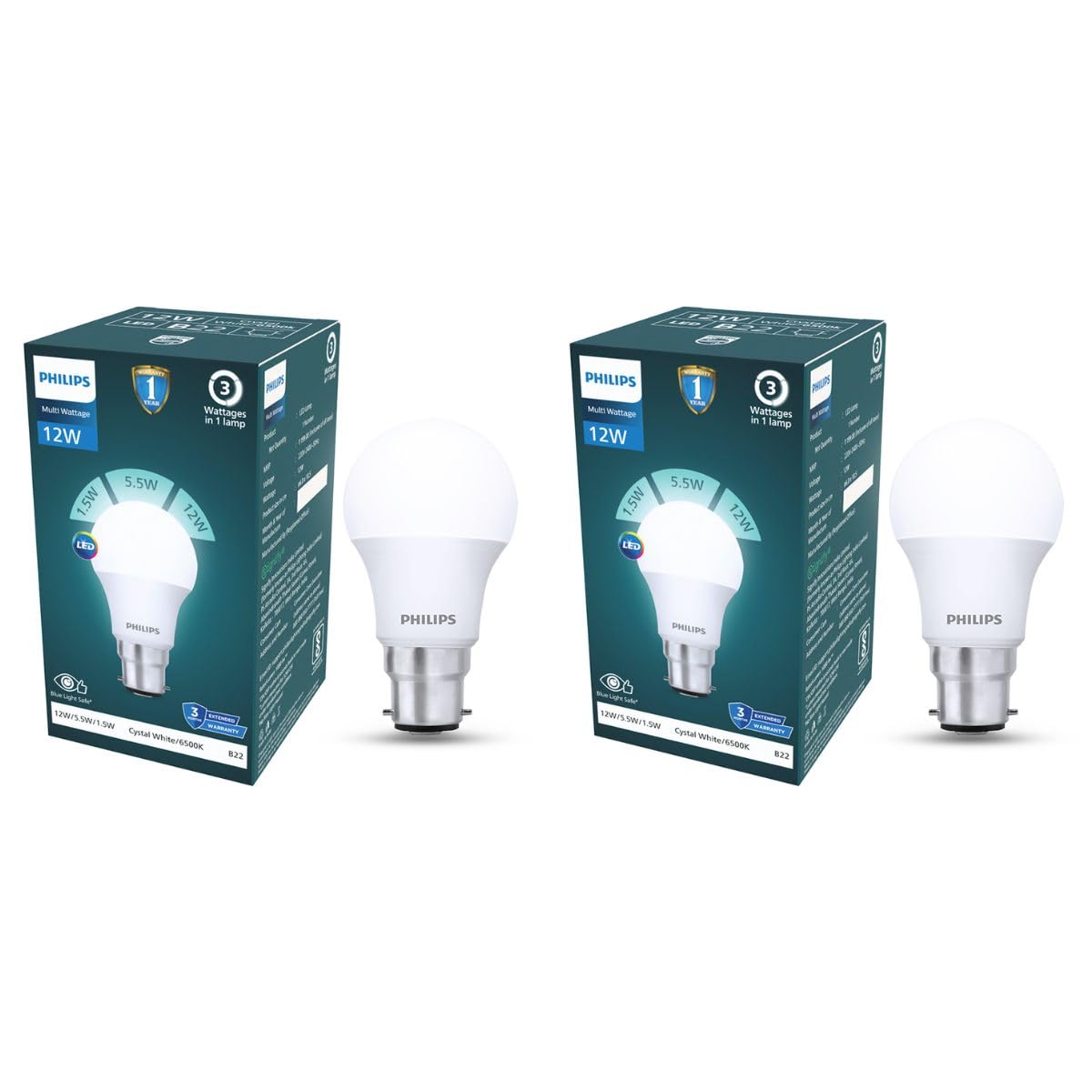Philips 12W Dimmable LED Bulb, B22 Base, Cool White 6500K (Pack of 2)
