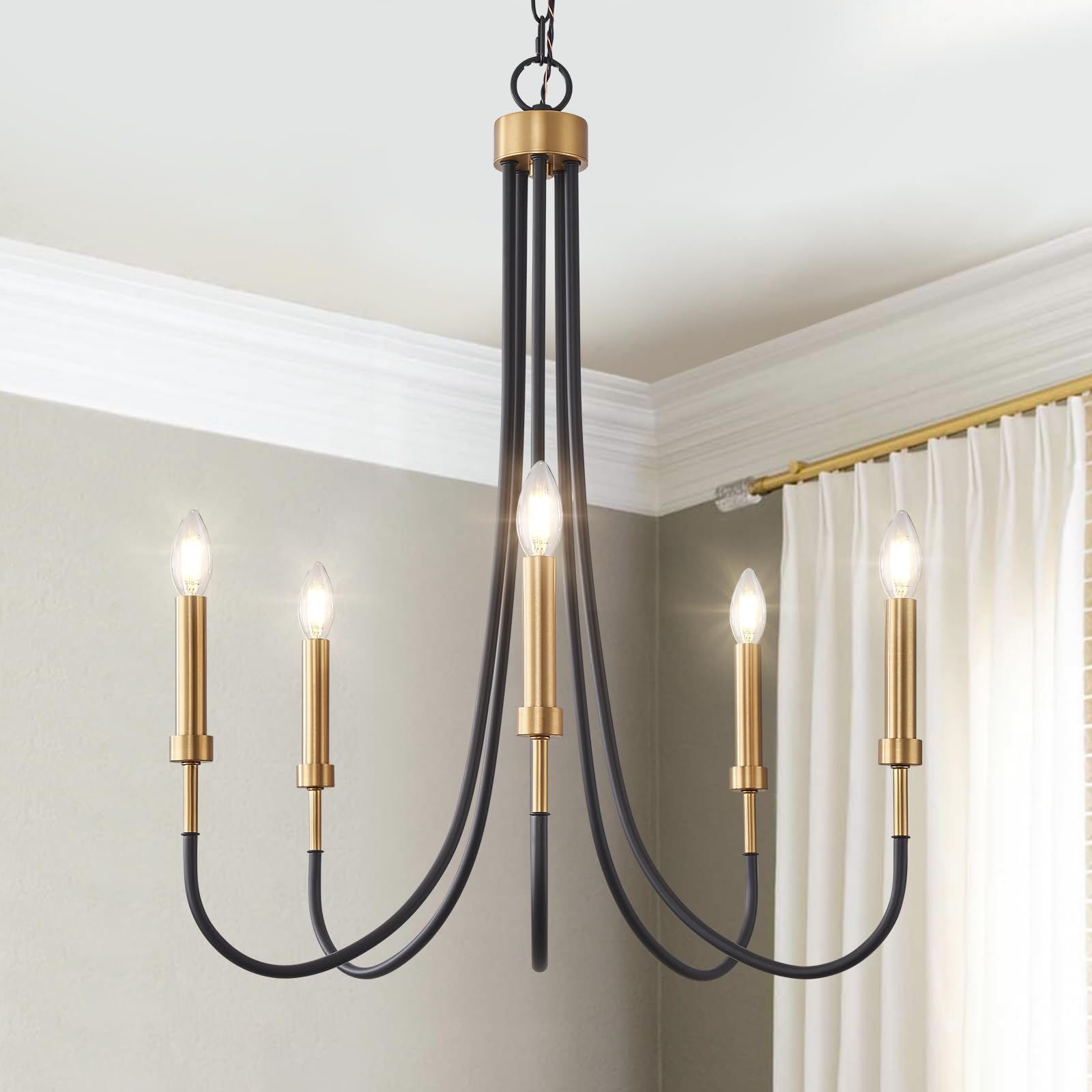 5 Light Candle Chandelier for Dining Room Black and Gold Light Fixture Modern Classic Chandeliers Lighting Over Table for Kitchen Island Bedroom Entryway Bathtub, Solid Metal, 25in