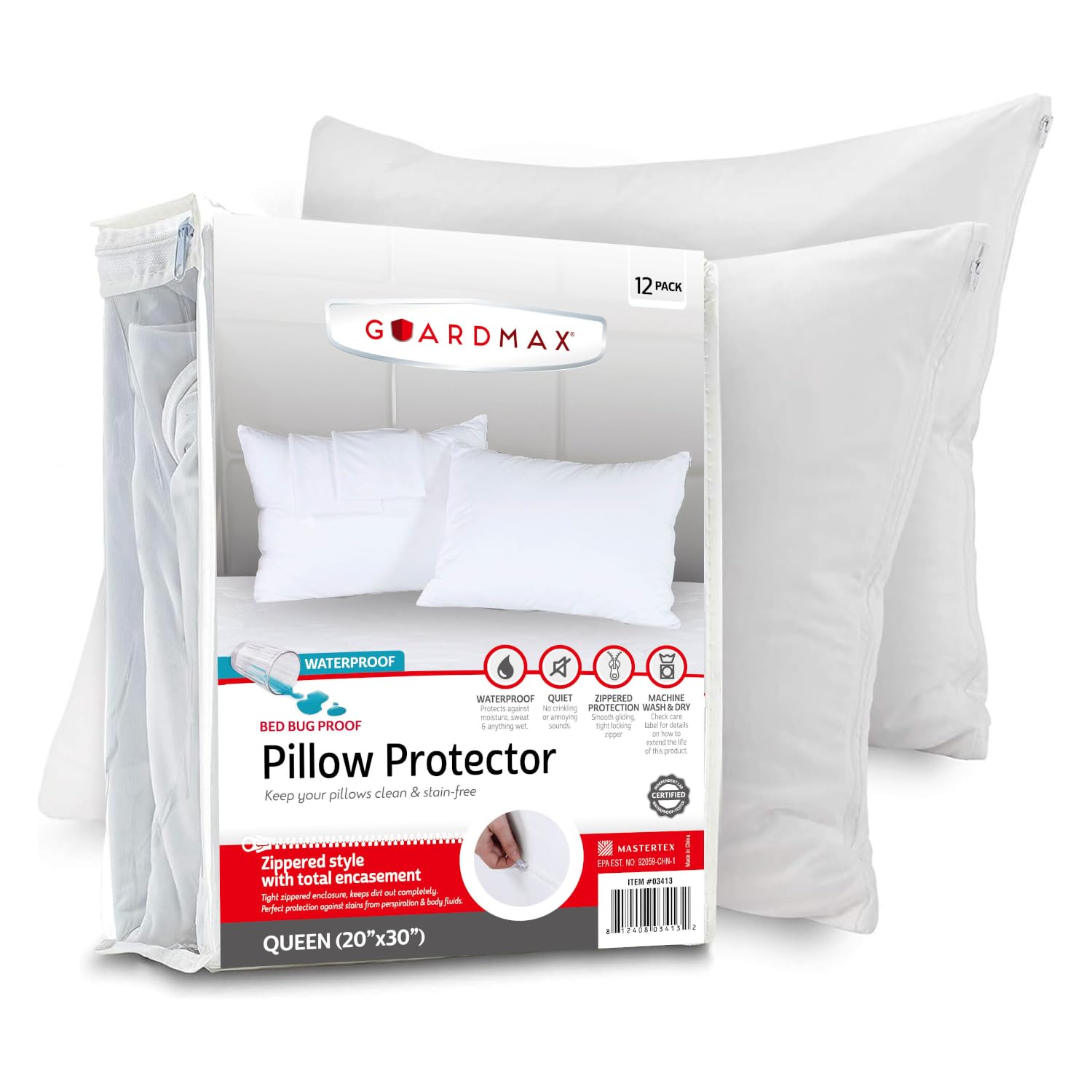 Guardmax Protector de almohada de punto jersey con cremallera, tamaño Queen, paquete de 12, 100% impermeable, a prueba de chinches, a prueba de ácaros y fundas de almohada hipoalergénicas, fundas de