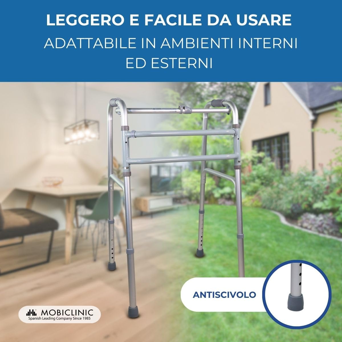 Mobiclinic®, Deambulatore Pieghevole, Senza Ruote, Mezquita, Ausilio per la Mobilità, Estremità Antiscivolo, Altezza Regolabile, Pieghevole, Alluminio, Ultraleggero, Sicuro, Peso Massimo 100 kg
