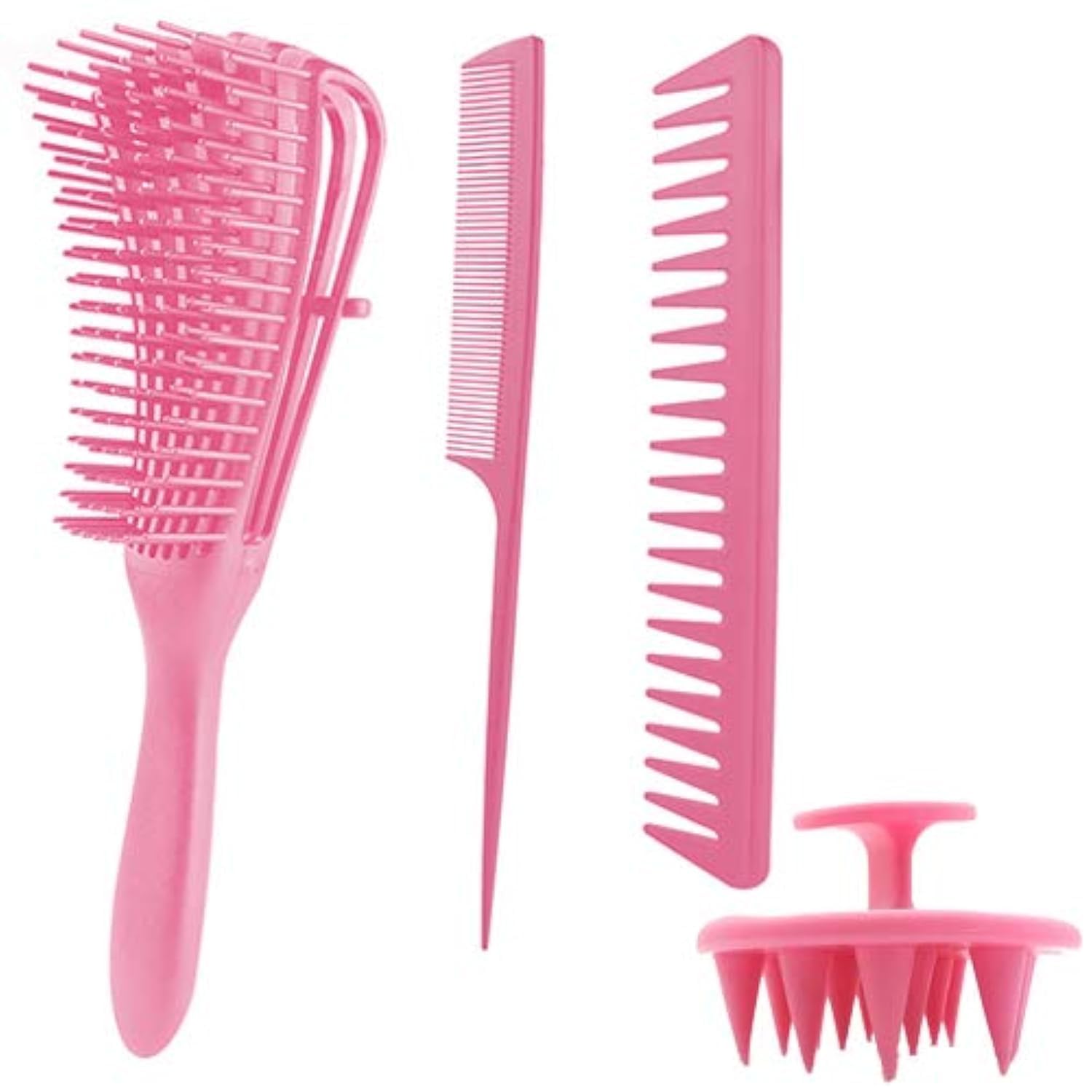 4Pcs Paddle Hair Brush, Shampoo Brush, Detangling Brush Scalp Massager Hair Comb Set for Men and Women, Great On Wet or Dry Hair, Detangle Hairbrush Wash Brush Wide Tooth Comb for Curly Hair, Pink