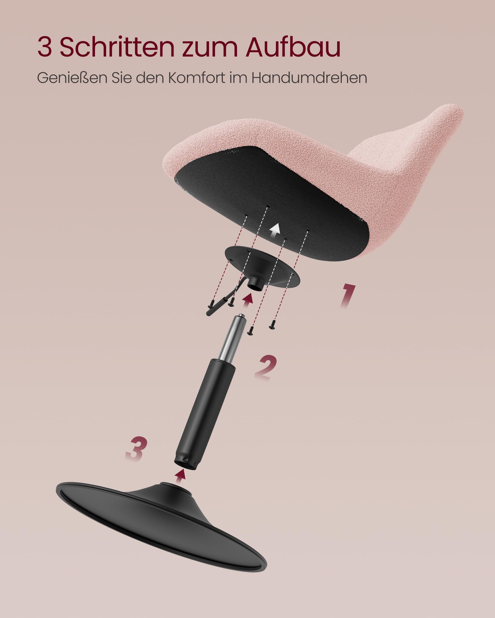VASAGLE Schminkhocker, Schminkstuhl mit Rückenlehne, höhenverstellbar, um 360° drehbar, für Schlafzimmer, Esszimer, Sherpa-Bezug, Pastellrosa LJB160S101