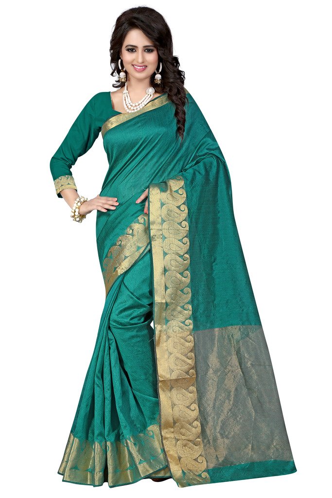 Shree Sanskruti banarasi cotton with blouse piece Saree (Raj-Kesar-Rama Green_Free Size)