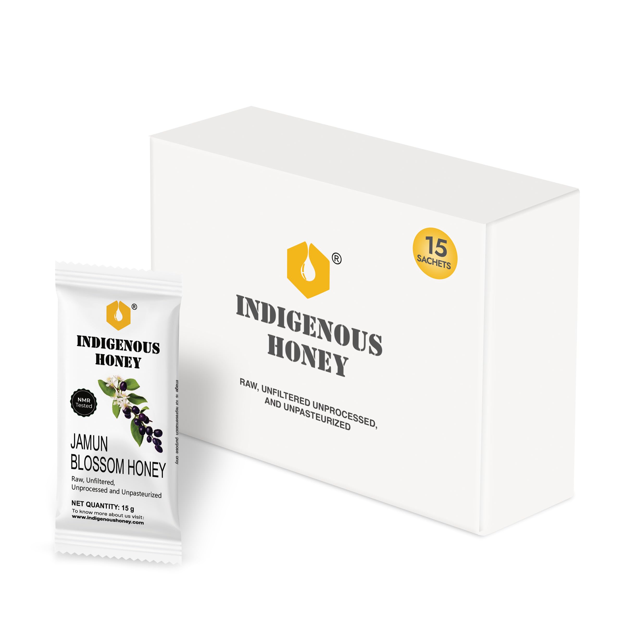 INDIGENOUS HONEY Natural Jamun Honey Raw Organic Pure Unprocessed Sugar Free NMR Tested Unpasteurized Unheated 15 Gift Bags 15g Total 225g