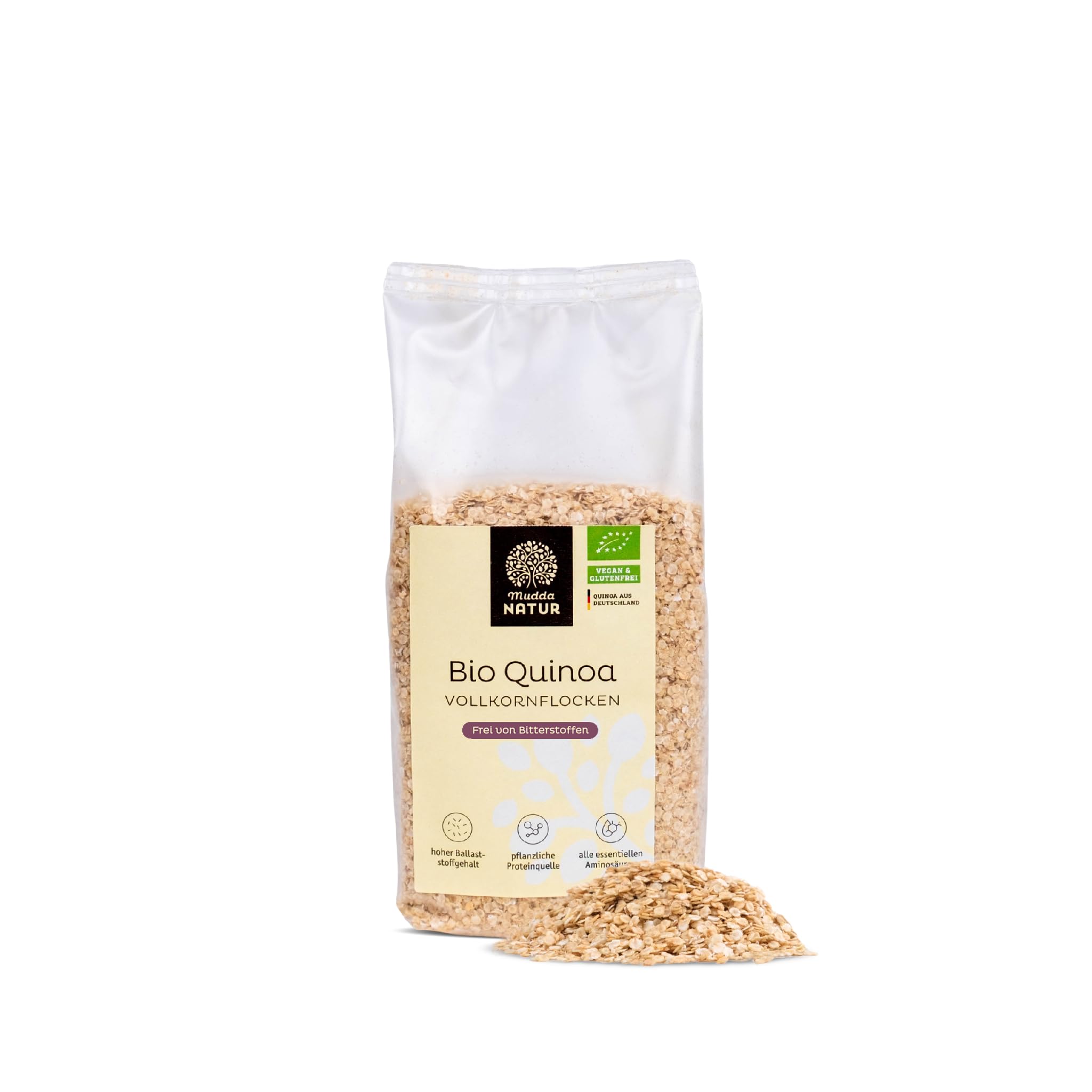 Mudda Natur Bio Quinoa Vollkornflocken (6x300g) - angebaut in Deutschland - glutenfrei & frei von Bitterstoffen, perfekt für Müsli, Porridge, Backen oder Bowls. Hochwertige pflanzliche Eiweißquelle.