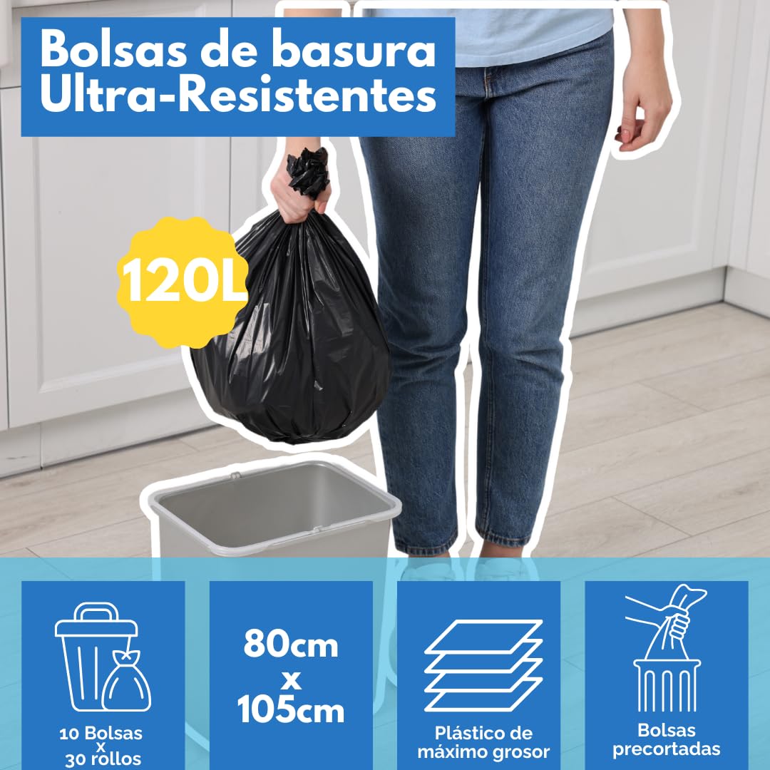 Bolsas de Basura Extra Grandes y Resistentes de 120 Litros - Para Cubo Grande - 85x105 cms - Color Negro (30 Rollos x 10 Bolsas)