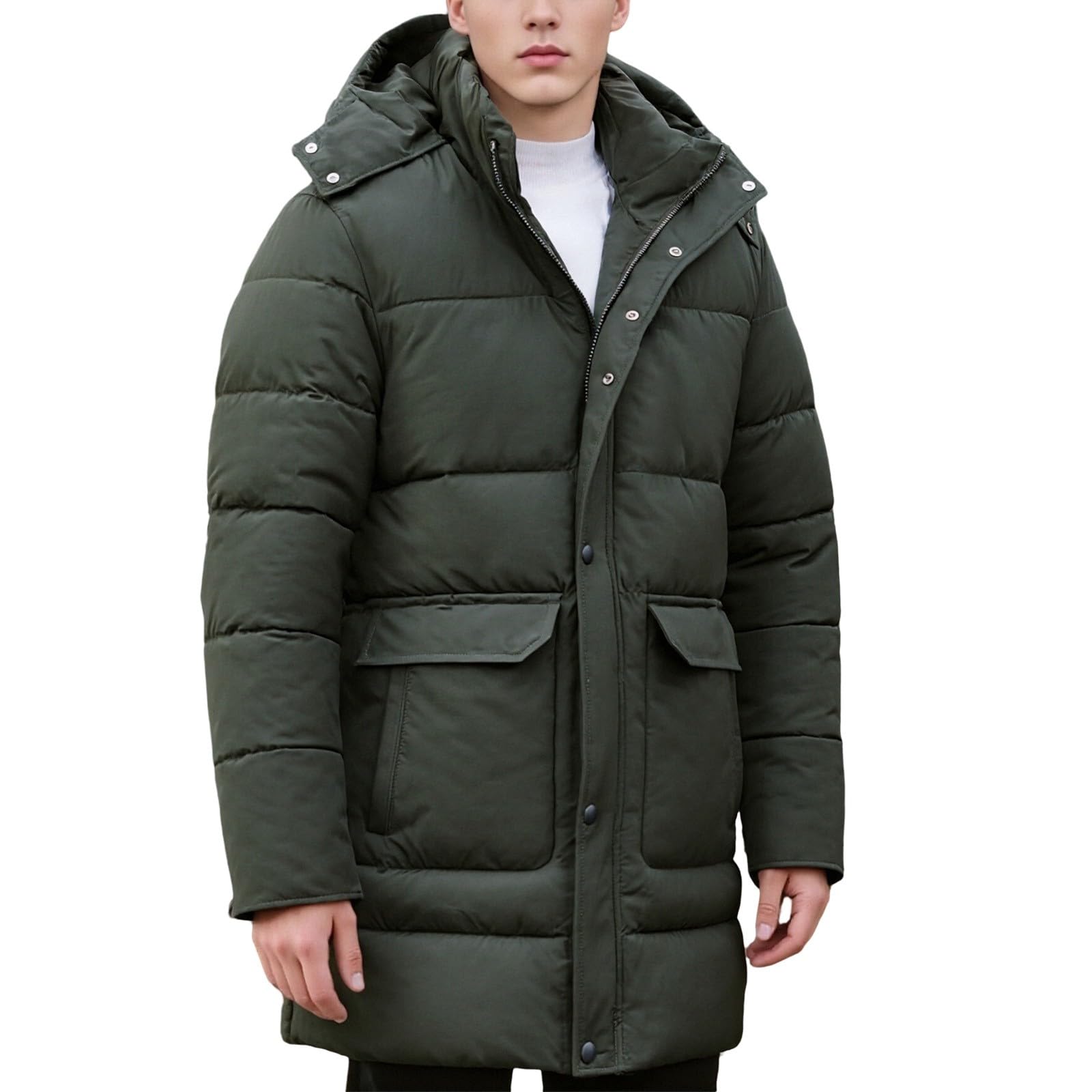 Piumino lungo da uomo con cappuccio imbottito invernale caldo giacche con tasche multiple antivento impermeabile full zip up parka leggero a maniche lunghe giacche da trekking all'aperto
