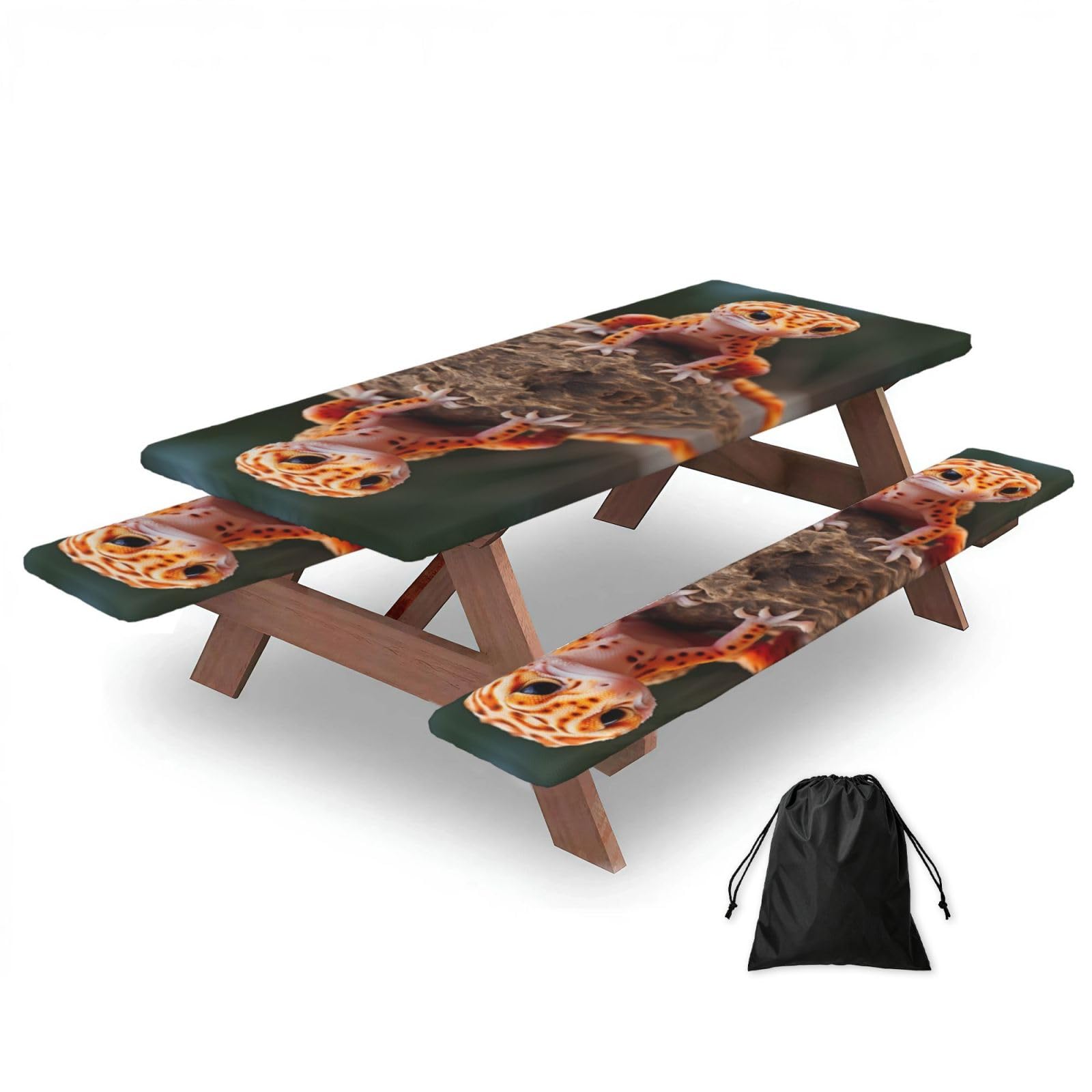 Zyjhyy Black Sand Leopard Gecko Print Party Table Covers With Bench Covers Set Of 3 Picnic Table Cloth Wipe Clean For Garden Camping