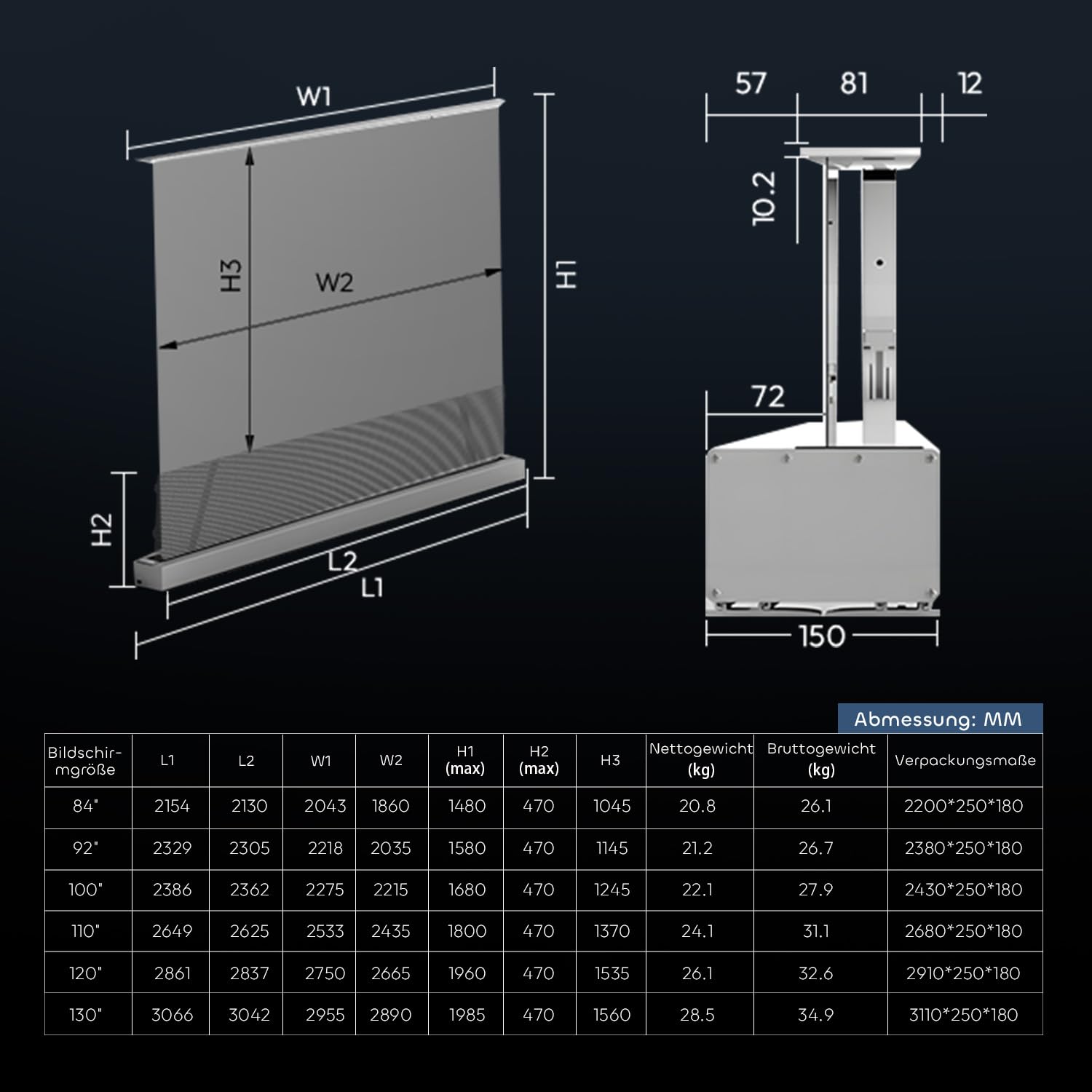 ALR CLR Beamer Leinwand für UST Ultrakurzdistanz-Projektor, motorisiert & elektrisch bodenstehend, 95% Umgebungslicht abweisend, 4K/8K UHD Laser-TV-Leinwand, 100 Zoll, Keine Montage