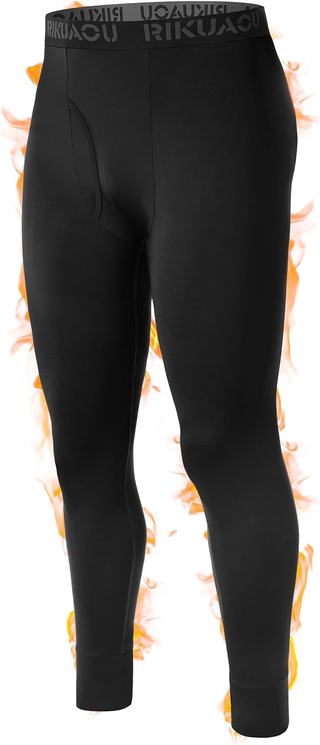 Men's Thermal Underwear Bottoms, Fleece Lined Long Johns Pants with Fly, Athletic Base Layer Leggings Cold Weather