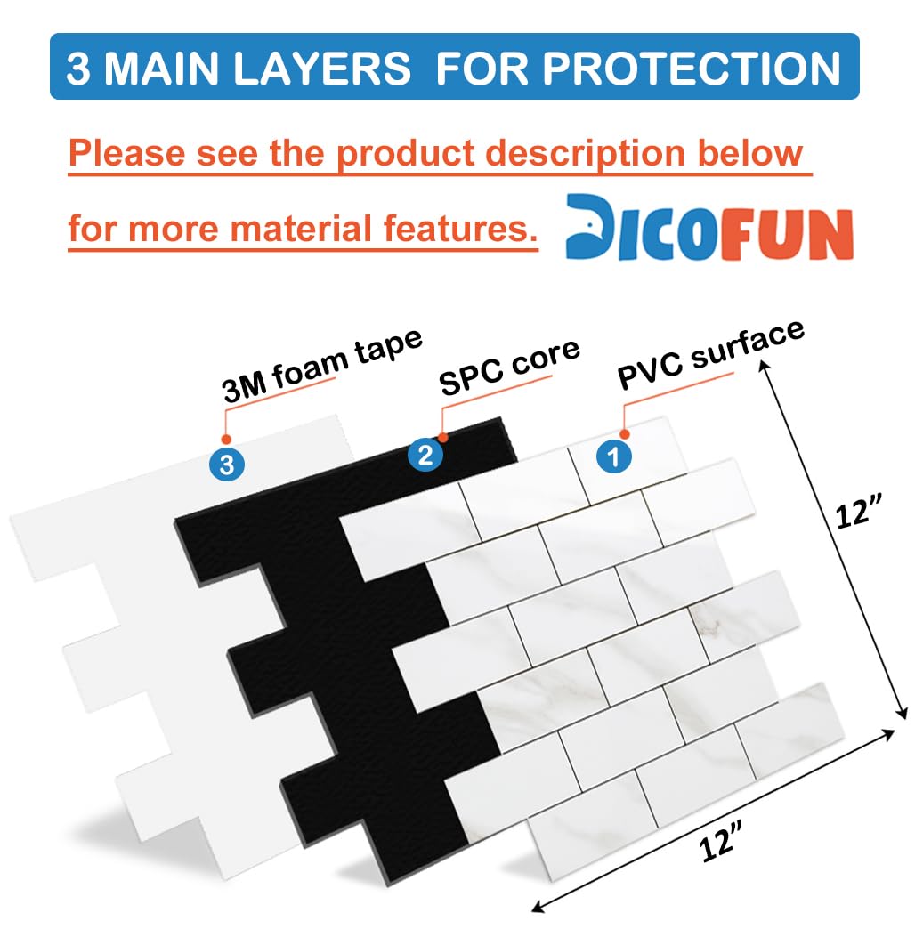DICOFUN Azulejos de pared autoadhesivos de metro de 3 mm, mármol blanco pulido, adhesivos para azulejos de cocina y baño (10 azulejos)