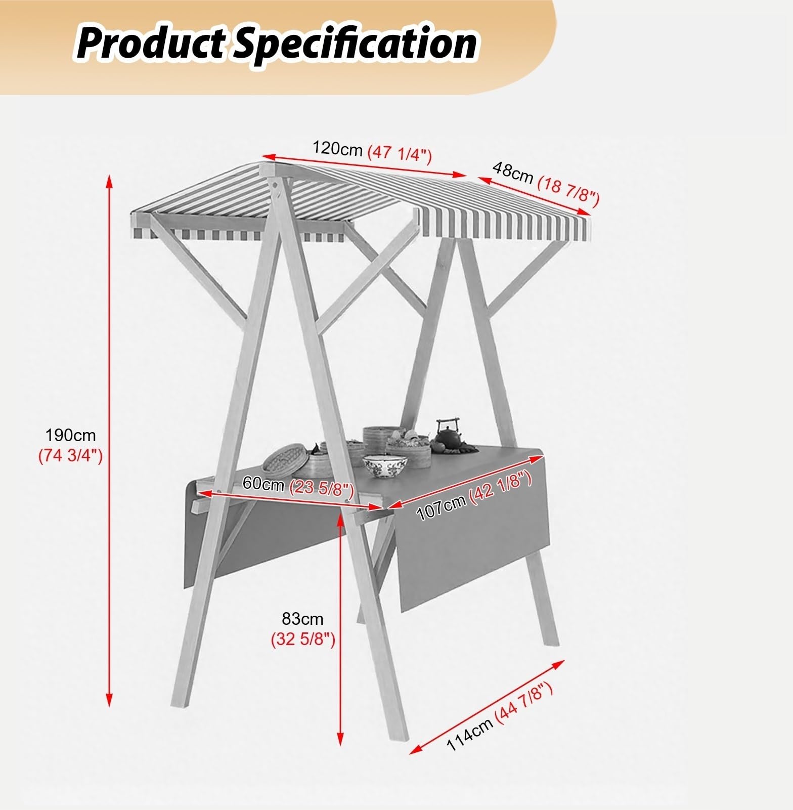 Espositore in legno per mercatini agricoli, festival ed eventi, pieghevole, larghezza 120 cm, perfetto per compleanni e fiere (bianco)