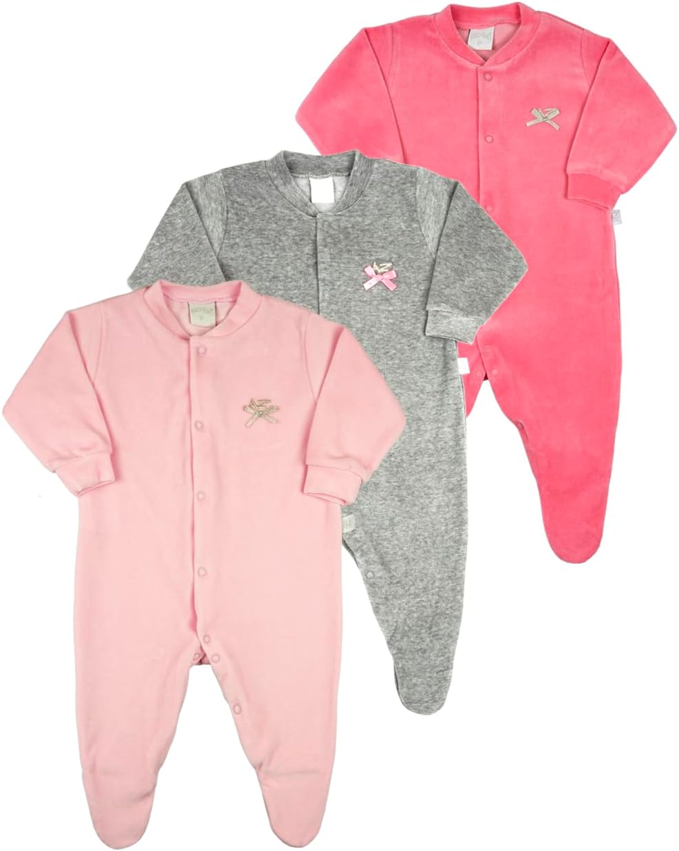 Kit 3 Macacões Bebê Menina em Plush com Pezinho – Manga Longa – Cores Rosa, Mescla e Chiclete Kit 3 Macacões Bebê Menina em Plush com Pezinho – Manga Longa – Cores Rosa, Mescla e Chiclete
